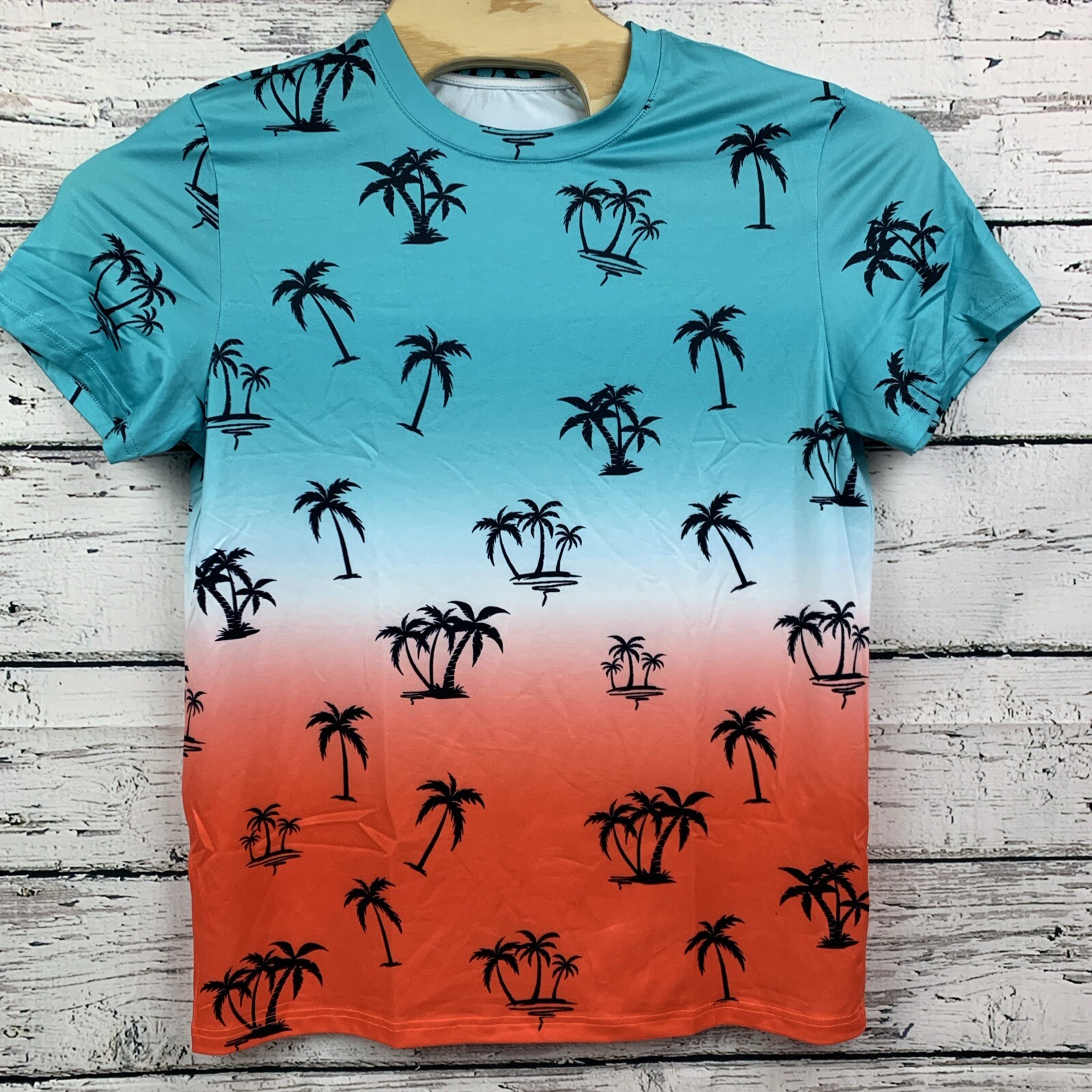 Tropical Palm Tree Print T-Shirt Blue Orange Ombre Graphic Tee [Size Small]