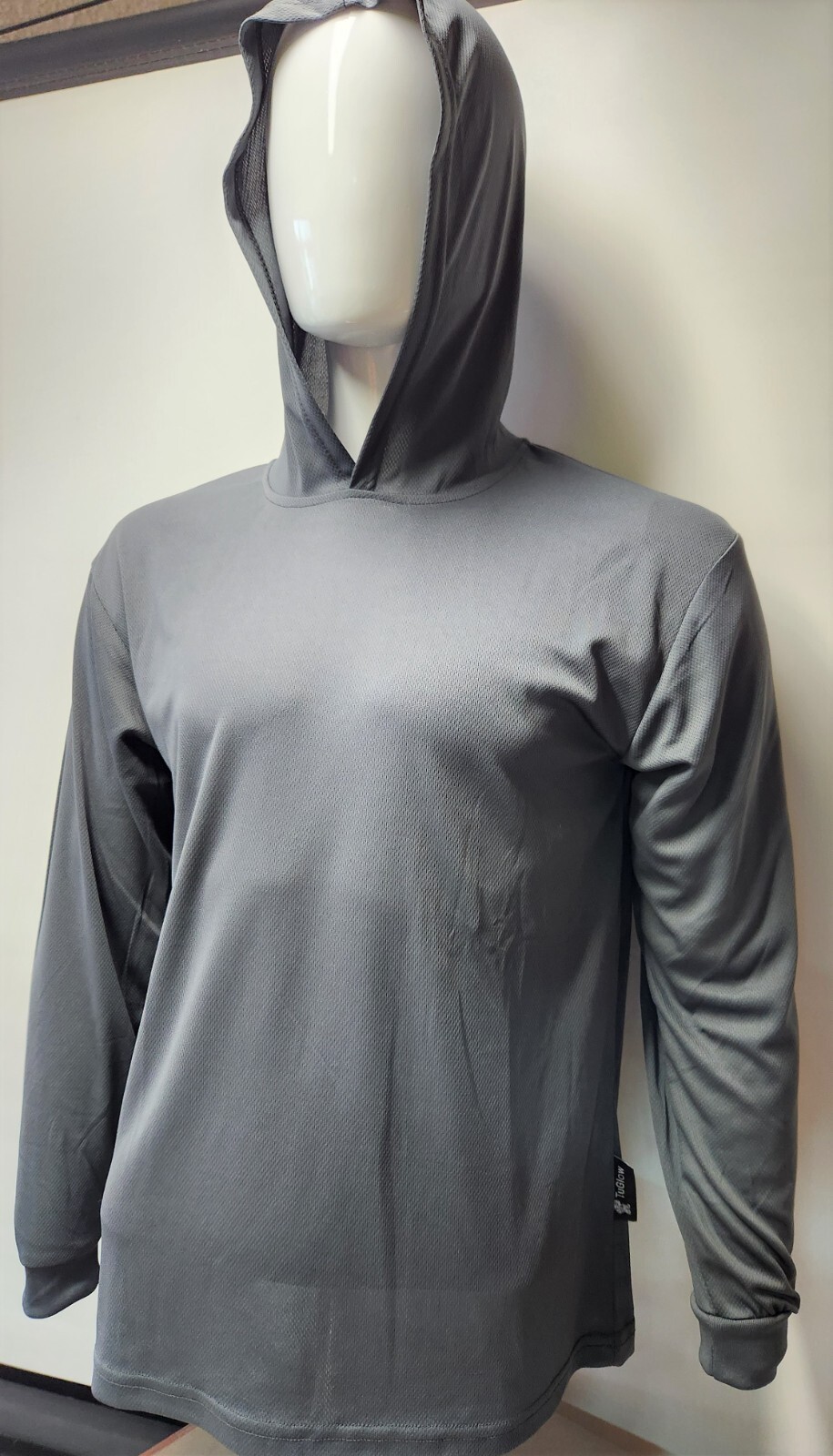 Gray Long Sleeve Shirt With Hoodie, Polyester birdeye mesh fabric