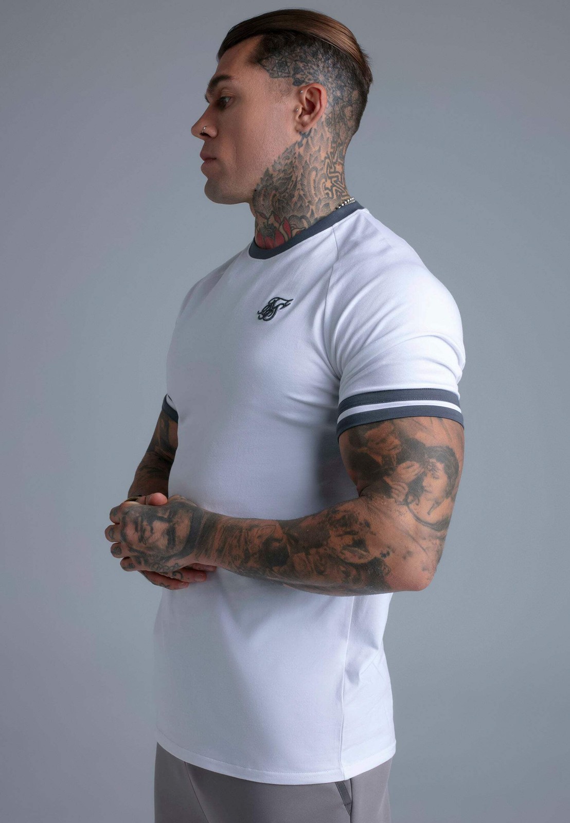 SikSilk Men’s Short Sleeved Muscle Fit Tournament T-Shirt Tee White and Grey