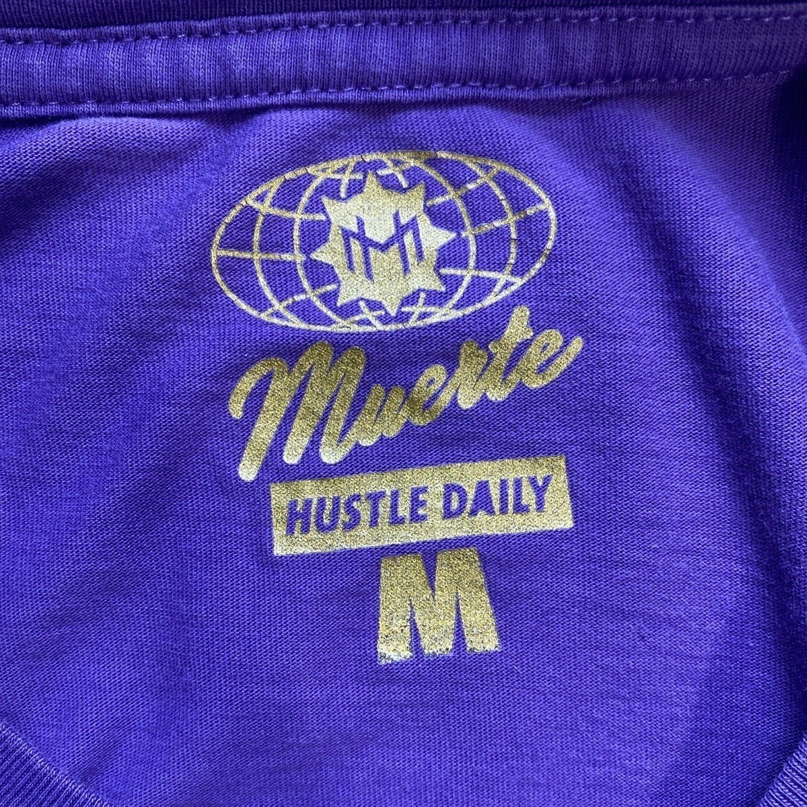 Muerte Hustle Daily Mens T-Shirt Medium Purple Chenille Angel Money Bag Graphic
