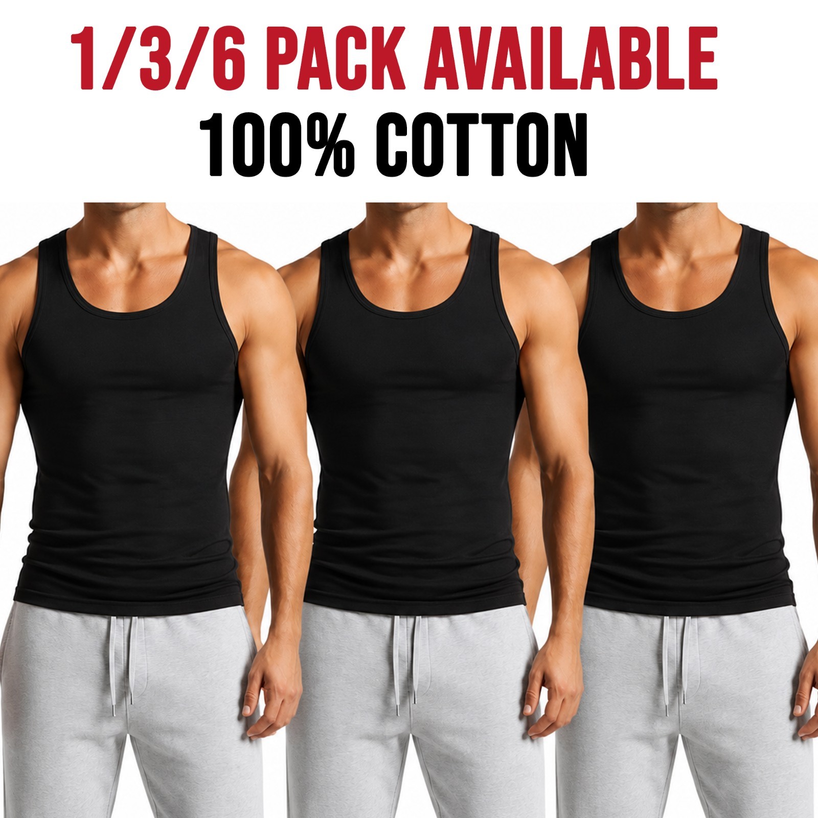 Mens Vest Tops Plain 100% Cotton Classic Black Vests Summer Training Gym Tank UK