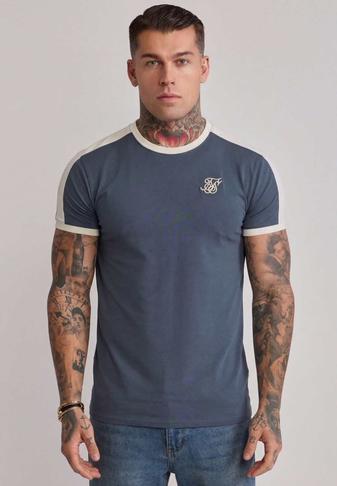 SikSilk Men’s Muscle Fit Crew Neck Stripe Ringer T-Shirt Blue and Ecru