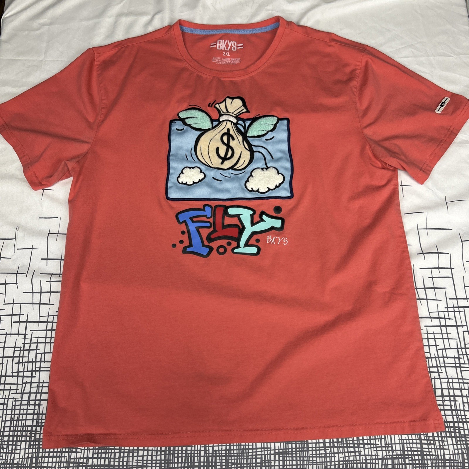 BKYS Fly Coral Pink T Shirt Money Bag Wings Applique Puffy Graphic Flocked 2XL