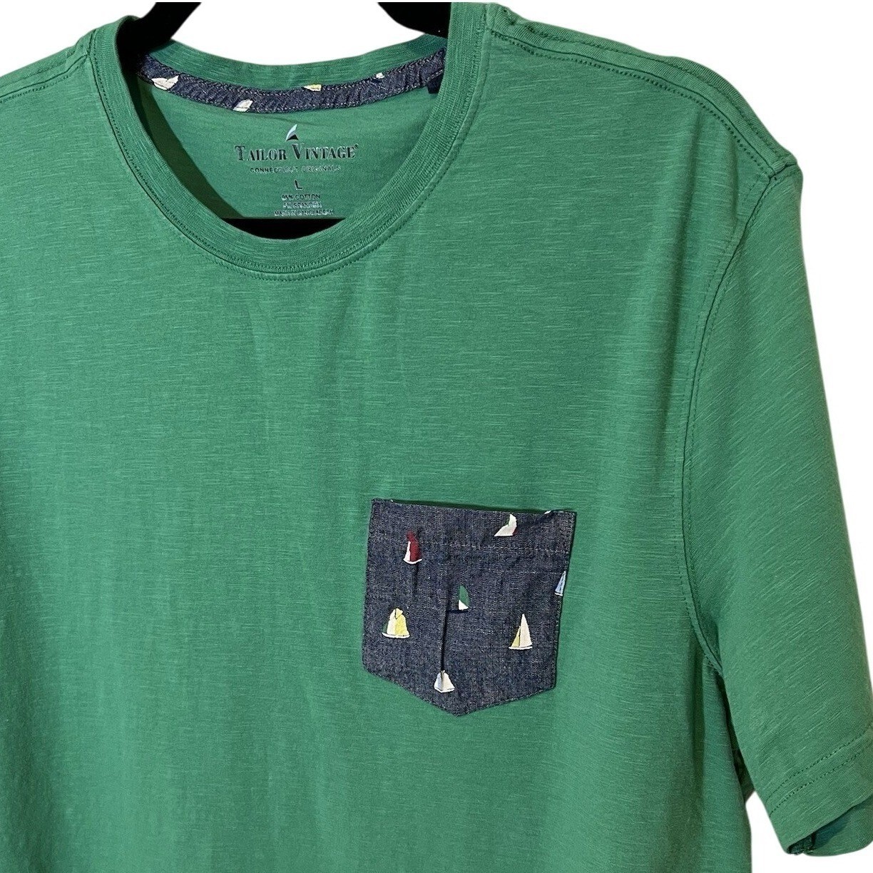Sailboat Pocket Mens Soft Green Tee Summer Coastal Nautical Preppy Casual Large