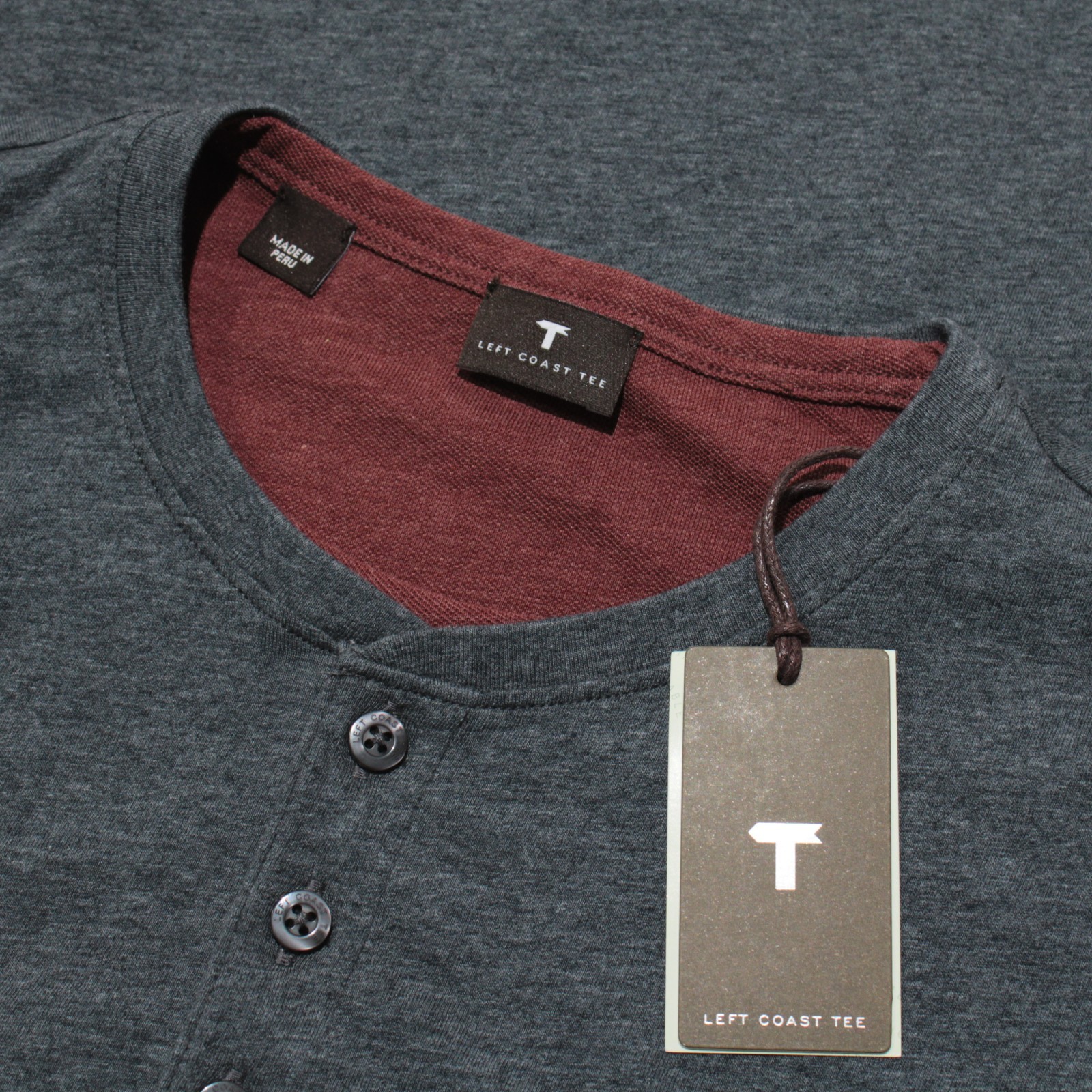 Left Coast Tee NWT Long Sleeve Henley T-Shirt Size M in Gray / Red Cotton