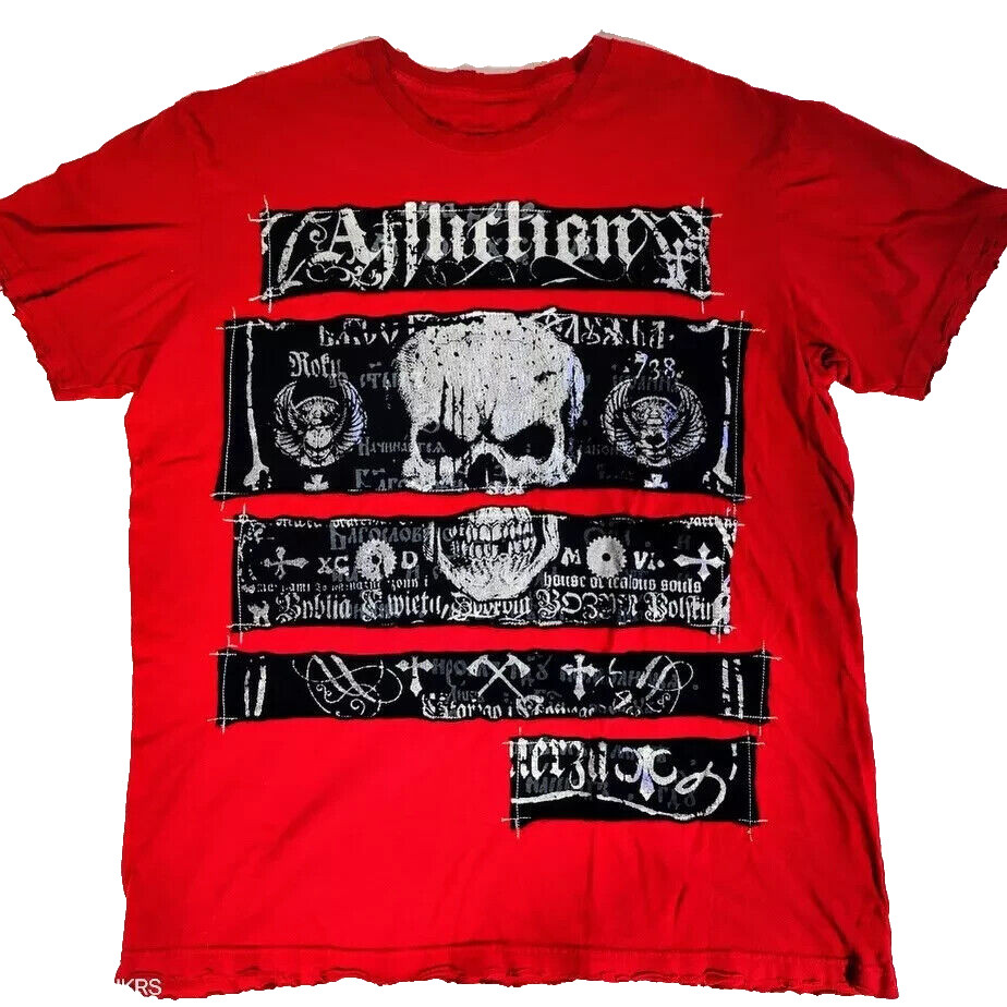 Affliction T Shirt Men XL Red Black Gray Silver Foil Patch Skull USA Distressed