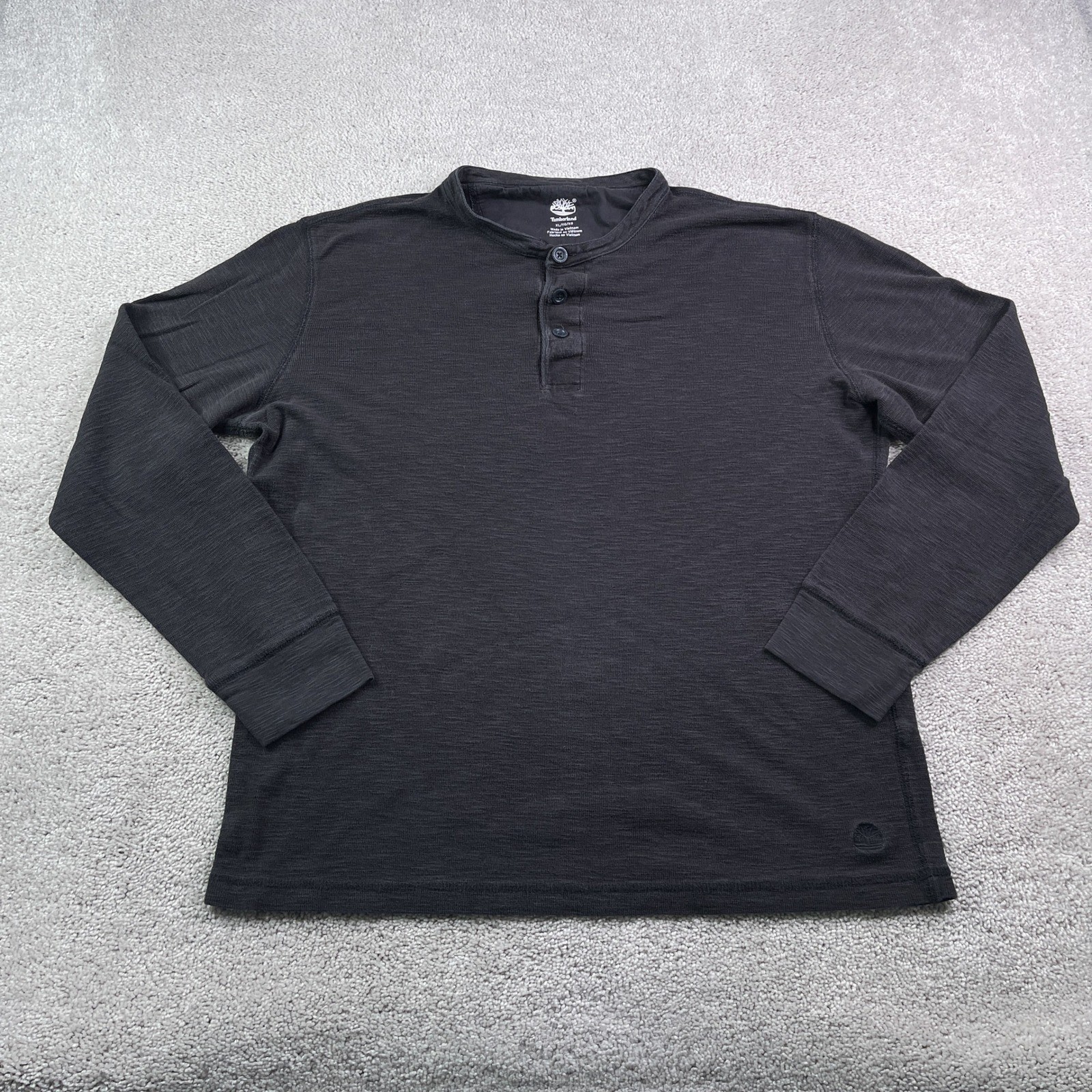 Timberland Henley Shirt Mens XL Black Mini Waffle Long Sleeve Cotton Casual Logo