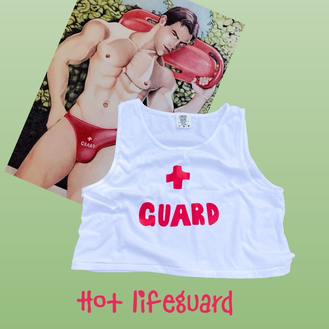 Lifeguard custom printed Mens White 100% cotton super short crop tank top