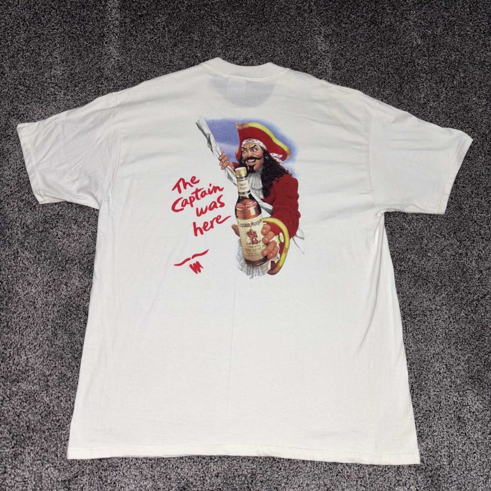 Vintage Y2k Captain Morgan Rum White Mens XL The Captain Was Here Pirate T-Shirt