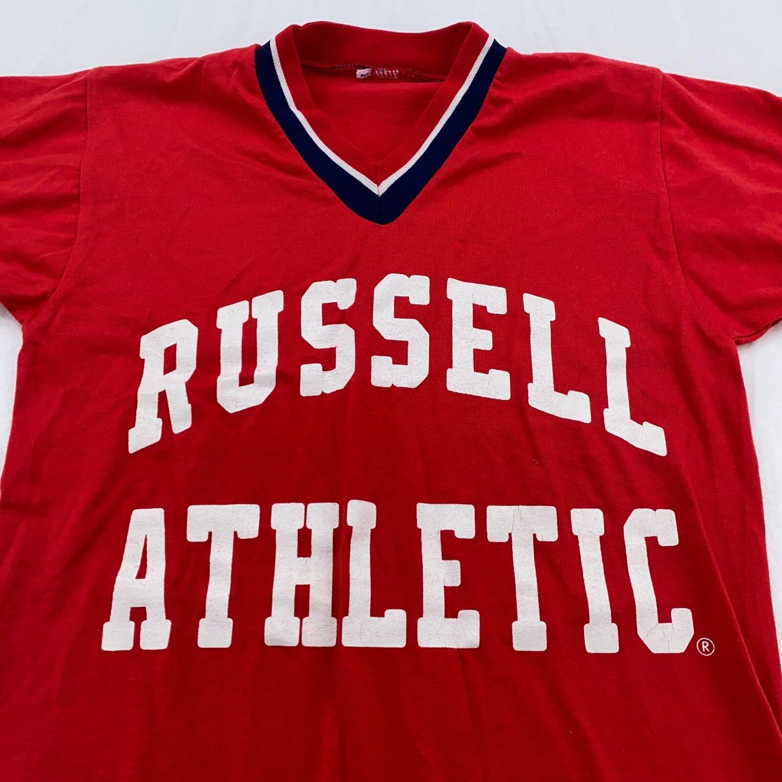 vtg 80s RUSSELL ATHLETIC BASEBALL JERSEY V NECK T-Shirt 2XS sports ringer