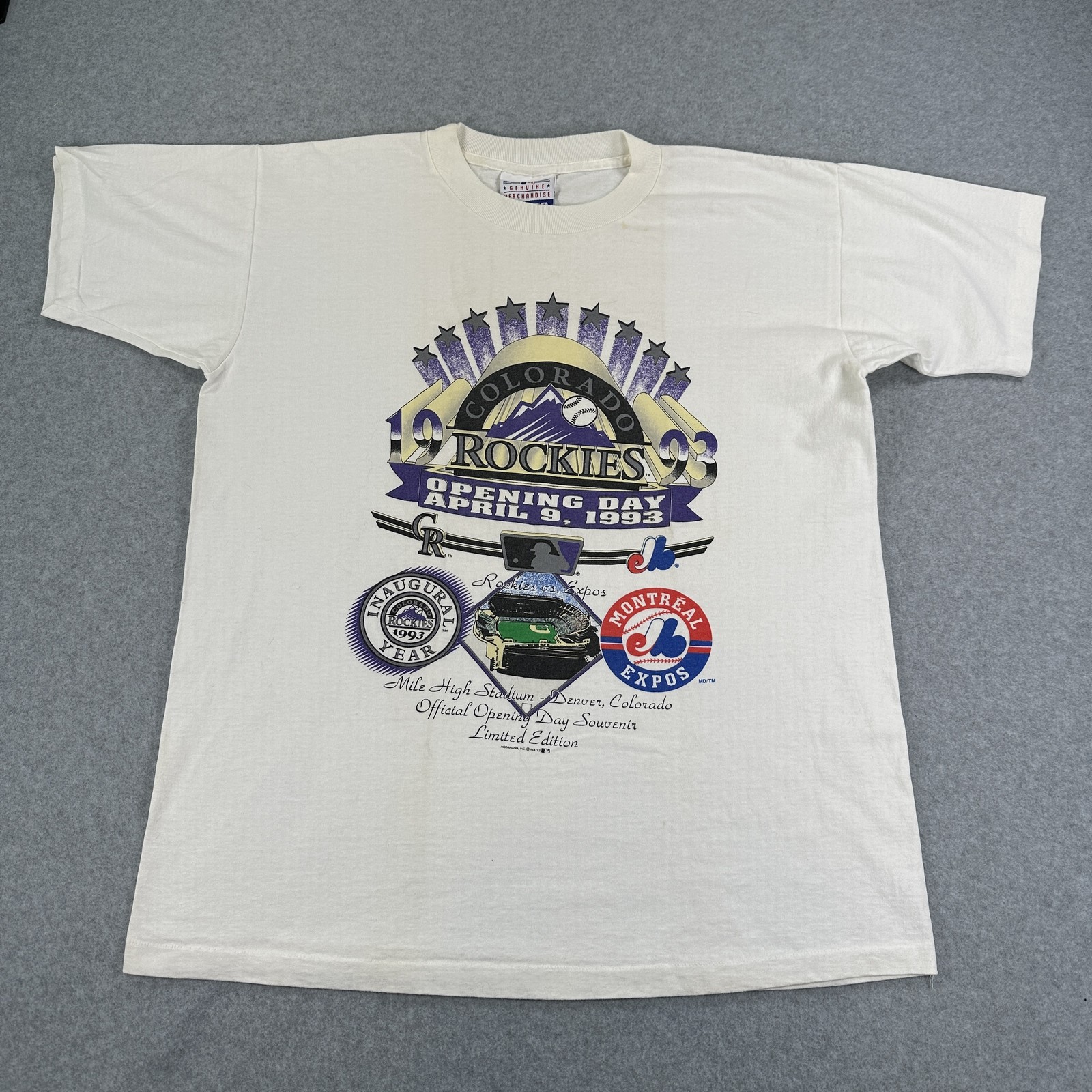1993 Colorado Rockies Opening Day T-Shirt April 9 vs Montreal Expos MLB Vintage