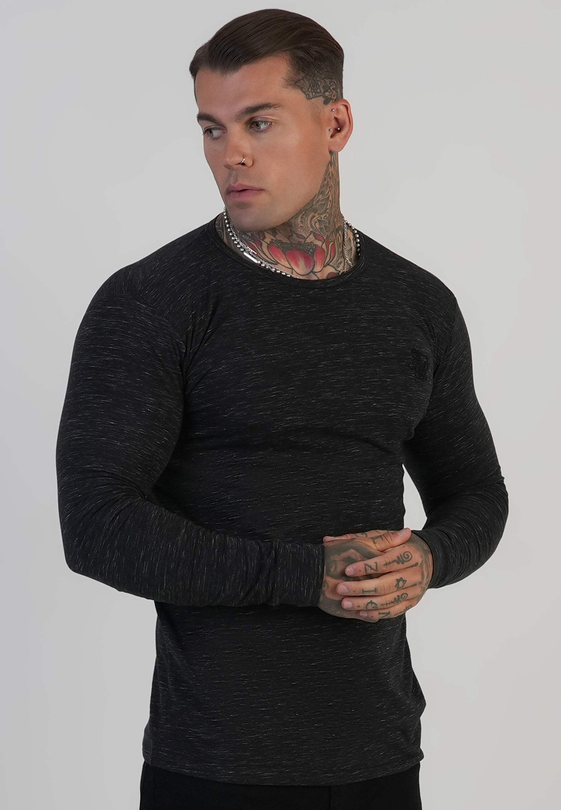 SikSilk Men’s Long Sleeved Muscle Fit Marl T-Shirt Tee Black