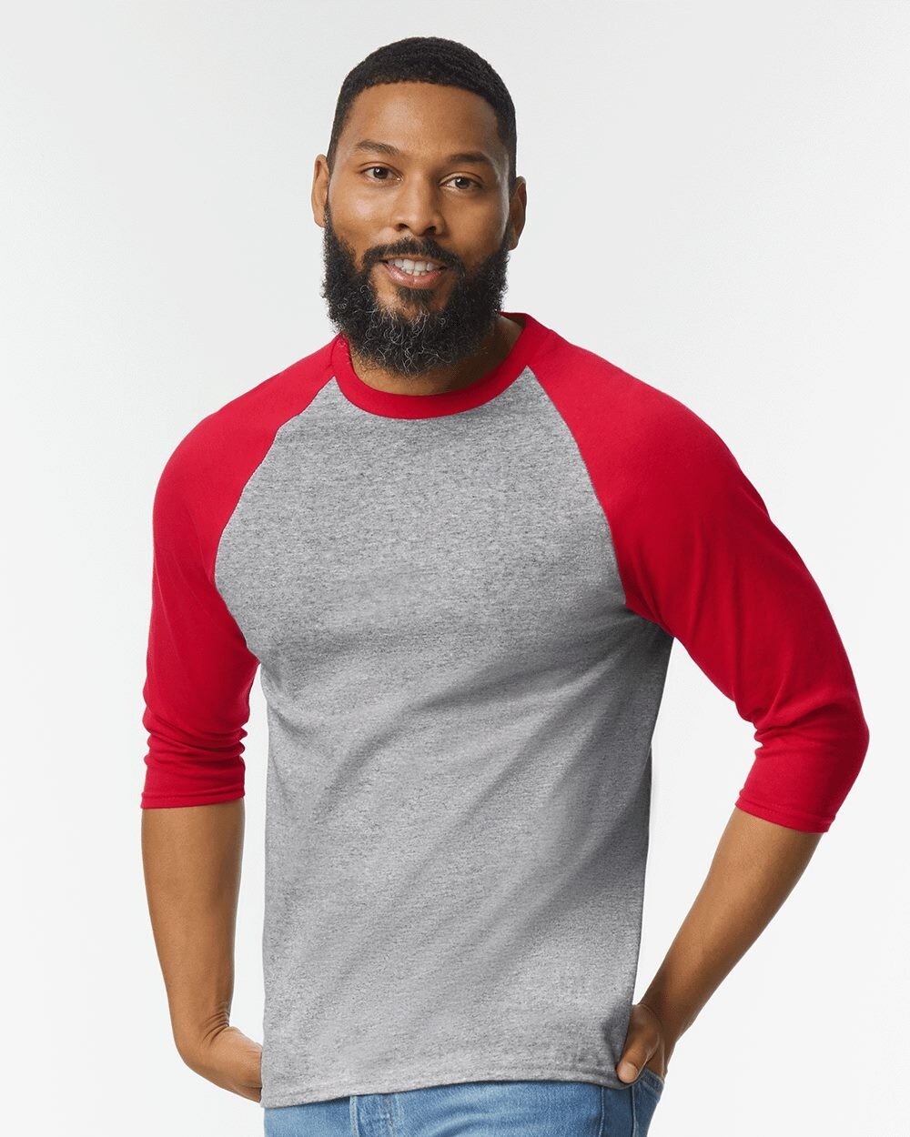 Gildan – Heavy Cotton Raglan Three-Quarter Sleeve T-Shirt – 5700 Sport Grey/ Red