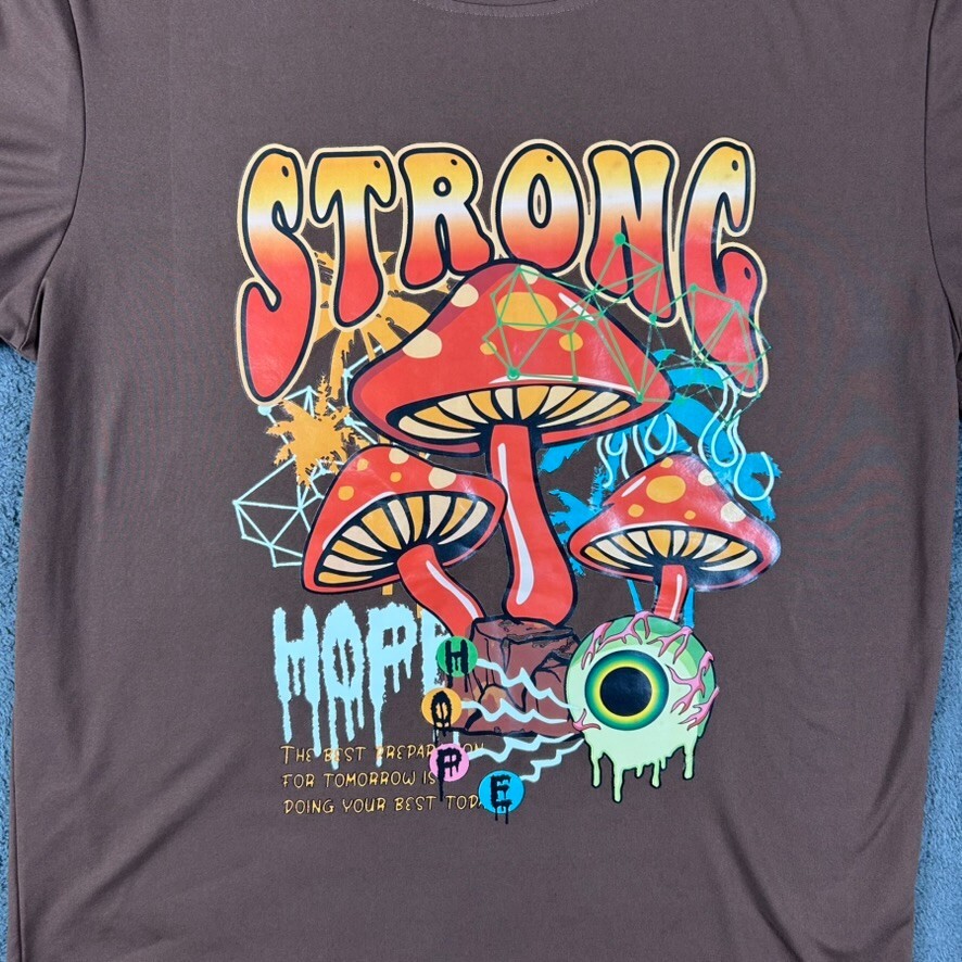 ROMWE Psychedelic Mushroom T-Shirt Men’s Large Brown Trippy Graphic Festival Tee