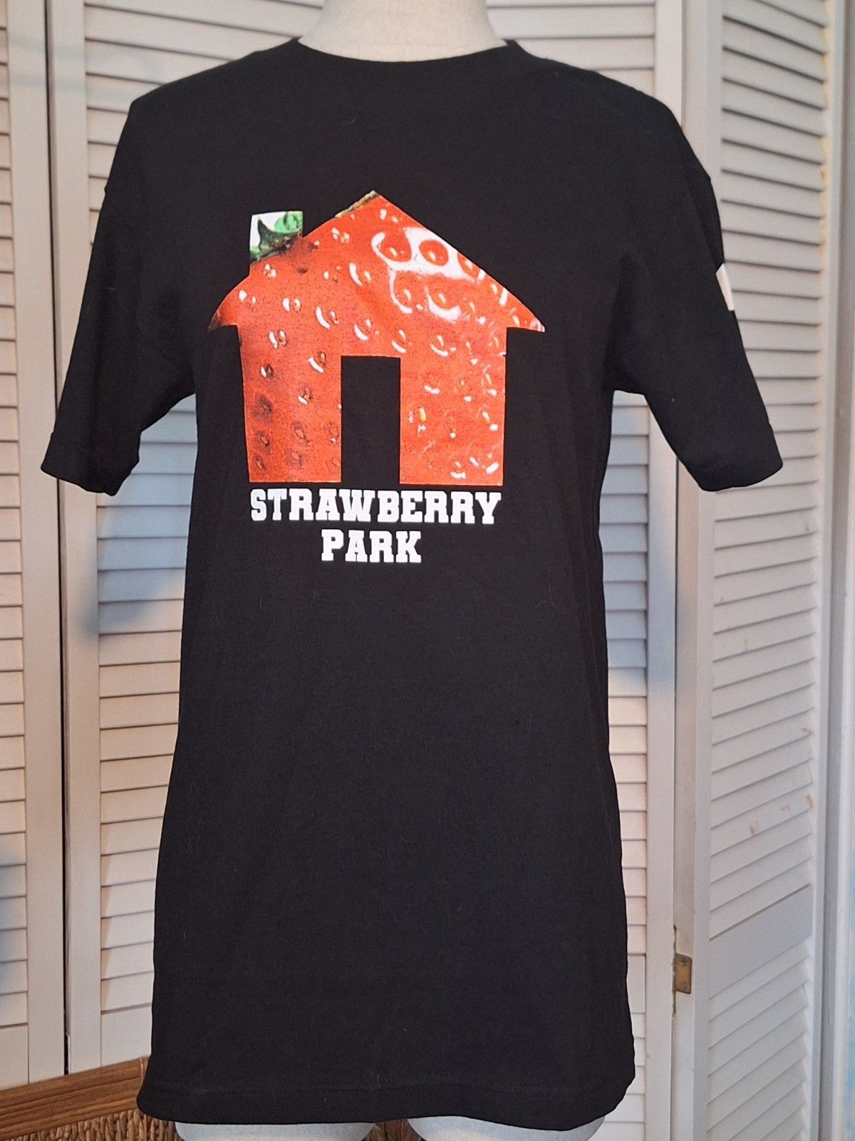 Strawberry Park Men’s S Black Graphic Logo T-Shirt Cotton Knit Crew Neck