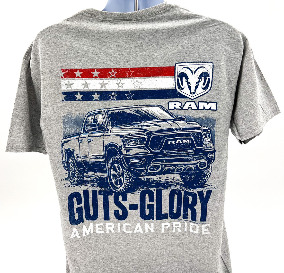 Gray T-Shirt w/ Dodge Ram Truck & “Guts Glory American Pride” Script – Licensed