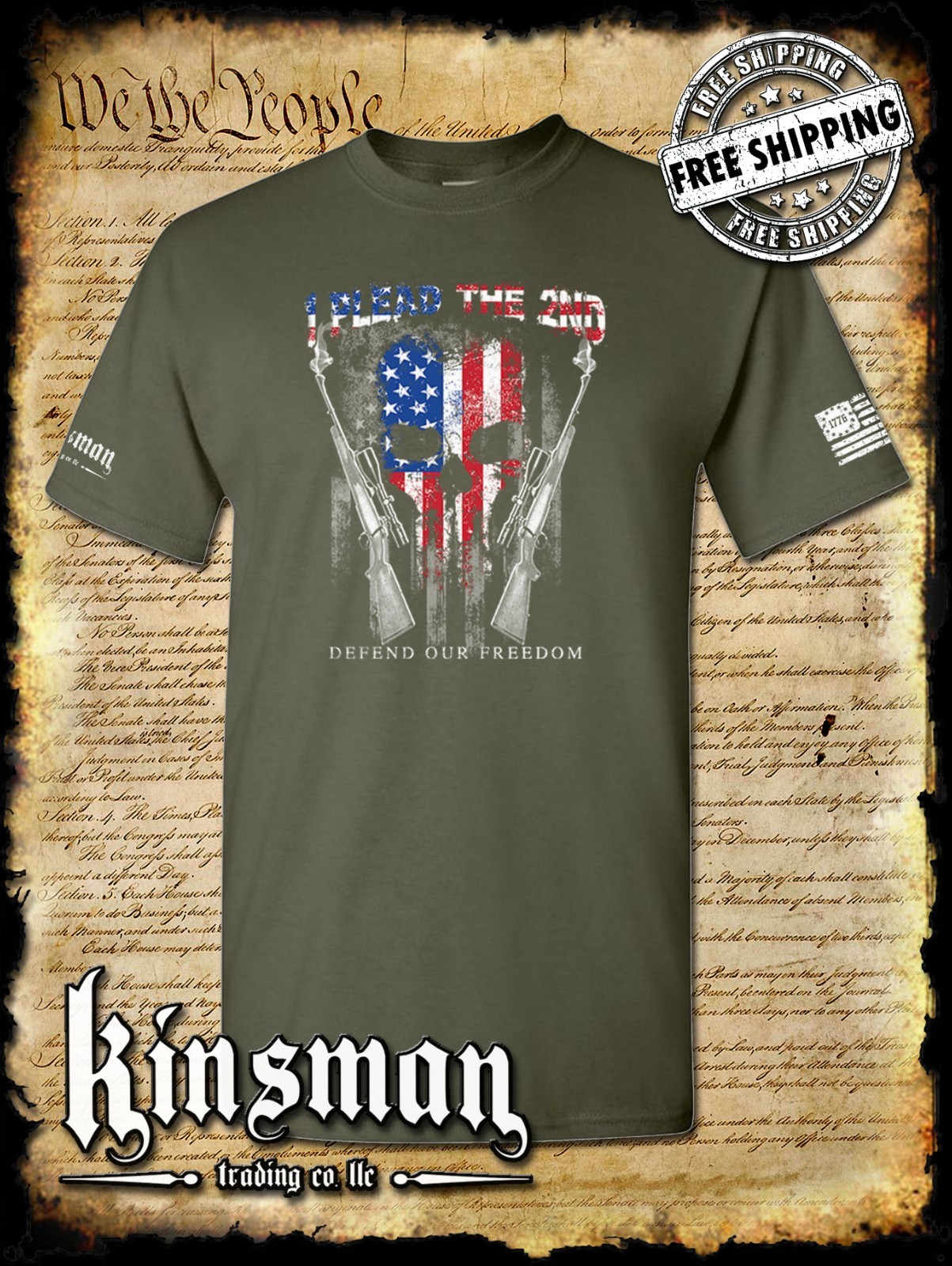 I Plead The 2nd Defend Our Freedom T-Shirt – 2A USA Flag Skull & Rifles Hunting