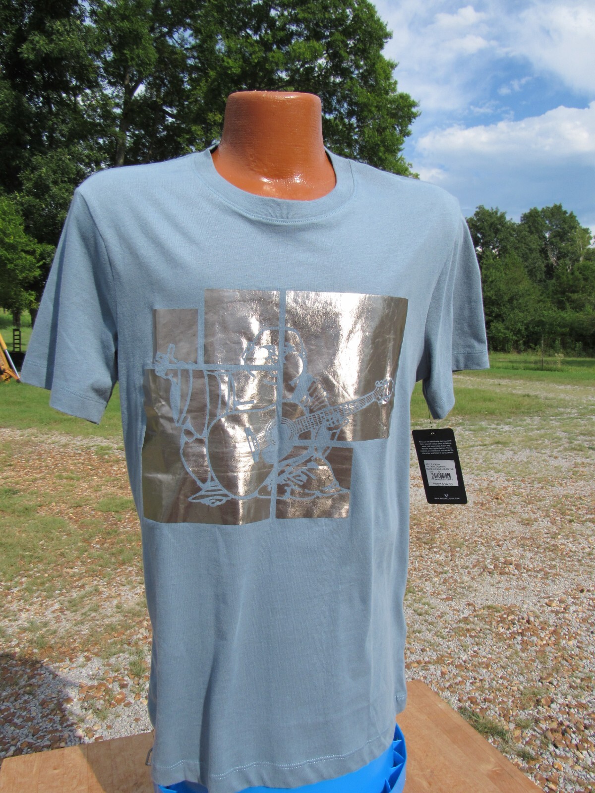 True Religion NWT Men’s Small Teal Gray Crew Neck Graphic T-Shirt Buddha New