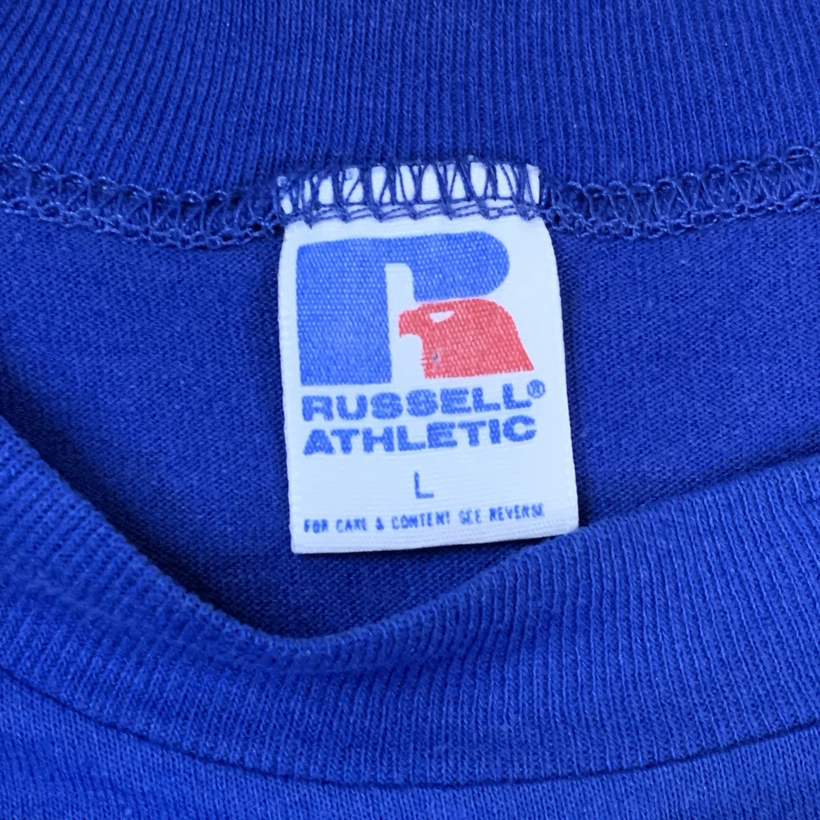 Vintage 80s Russell Mens Large Blue Long Sleeve T Shirt Preppy Sports School
