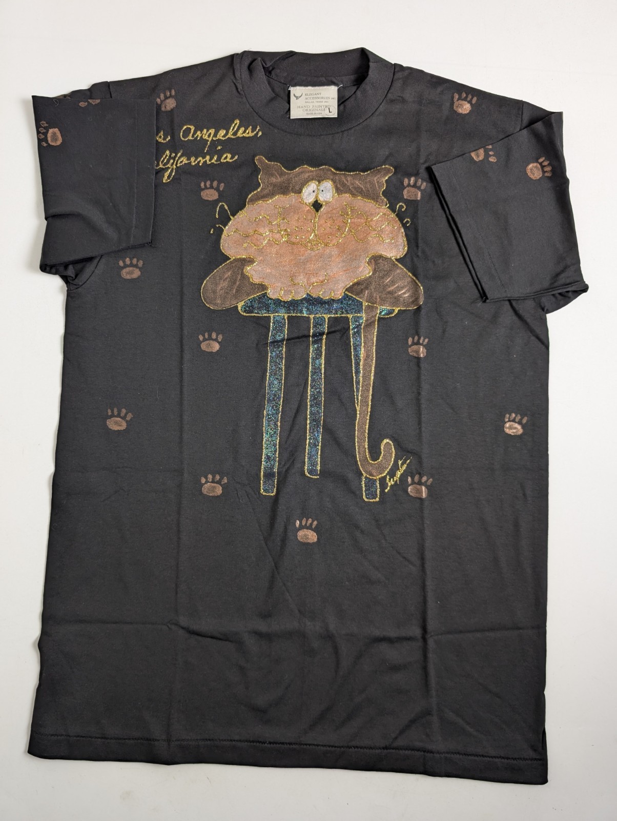 VTG 80s 90s Hand Painted Puffy Paint Cat T Shirt NOS Single Stitch USA L