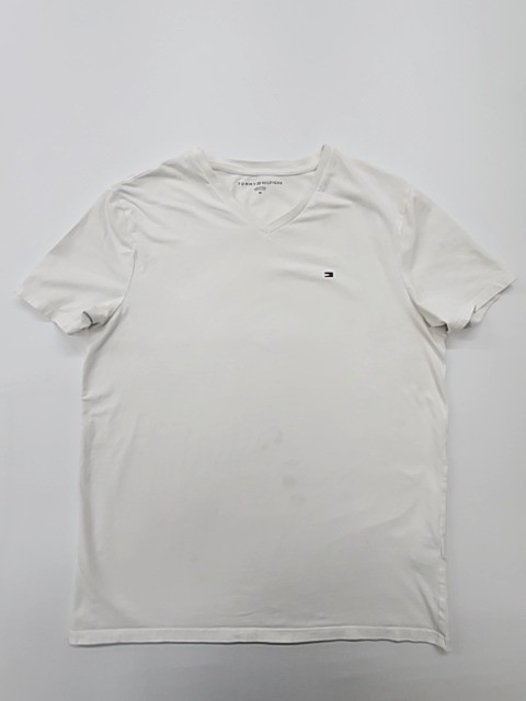 Tommy Hilfiger Men’s T-Shirt White Logo V-Neck Stretch Size M Excellent