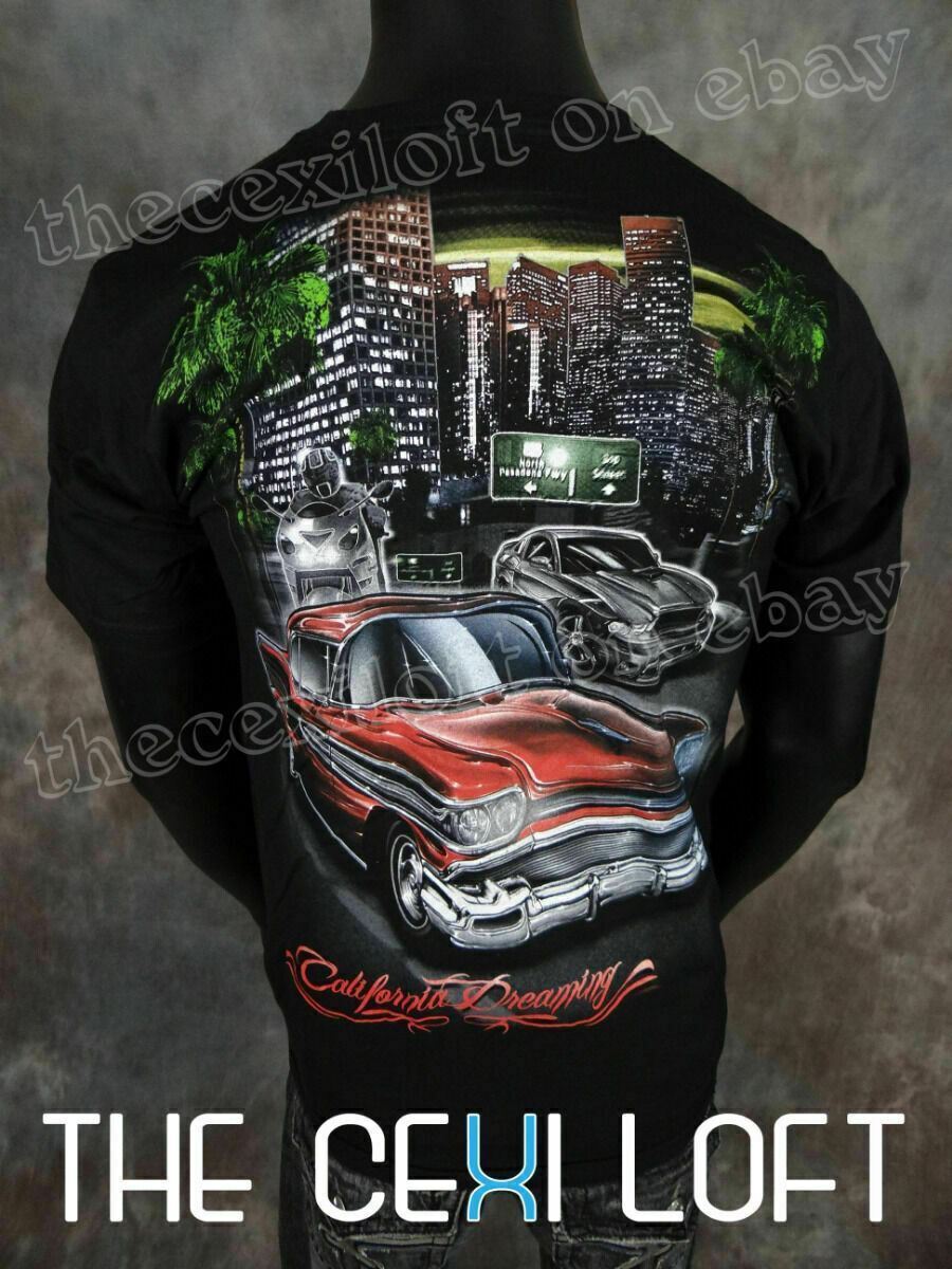 Mens Black T-Shirt California Dreaming Classic Cars Crusing Graphics SLIM FIT