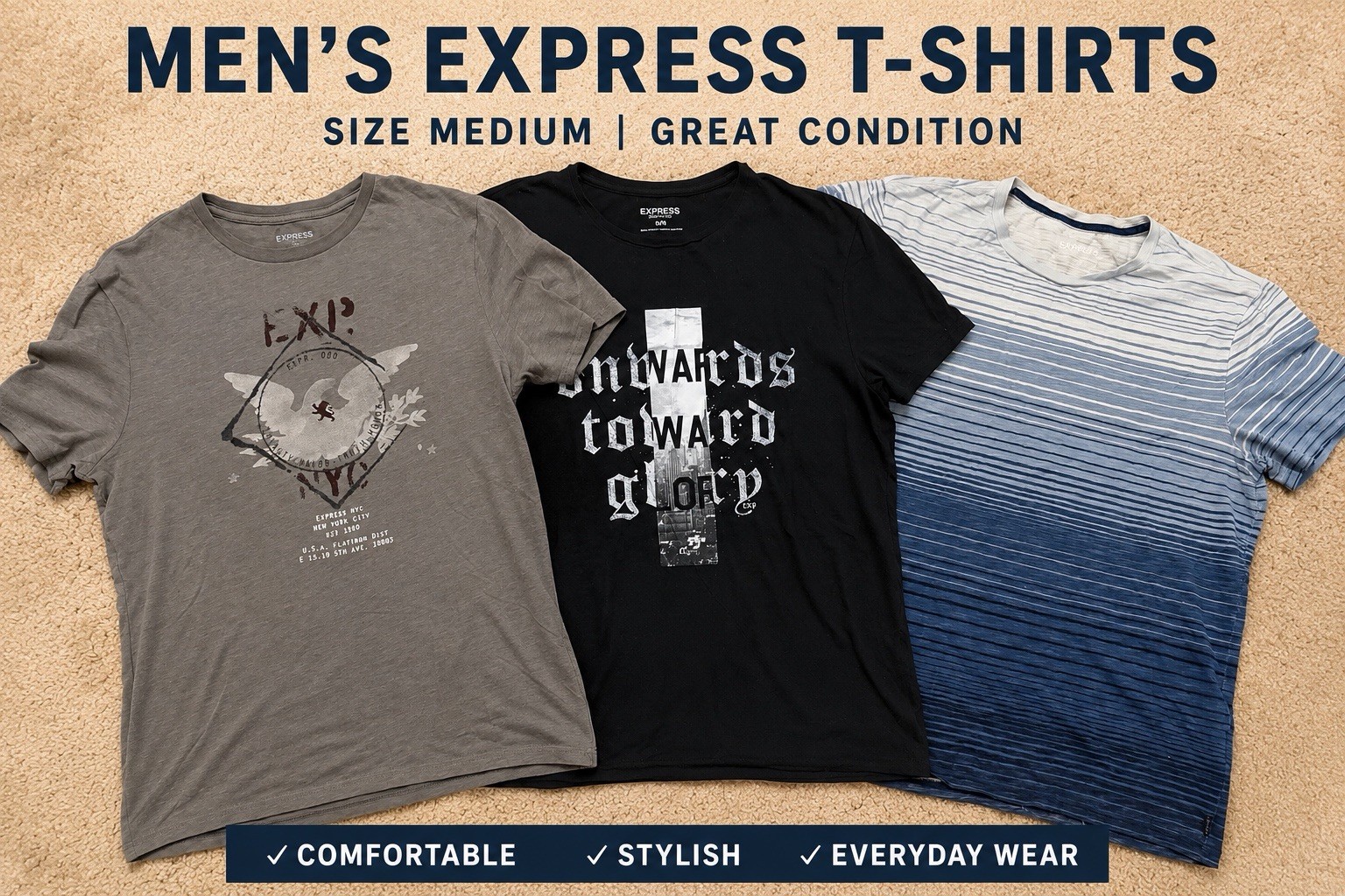 Express Men’s Graphic T Shirt Lot 3 Size Medium Gray Black Blue Good Condition