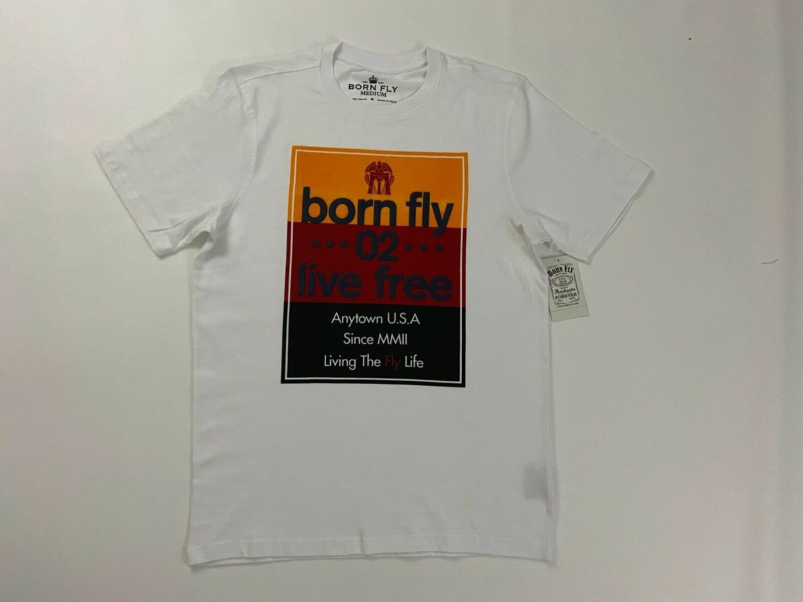 Born Fly Men’s Adult Graphic T Shirt White Size L Live Free Anytown USA Crew