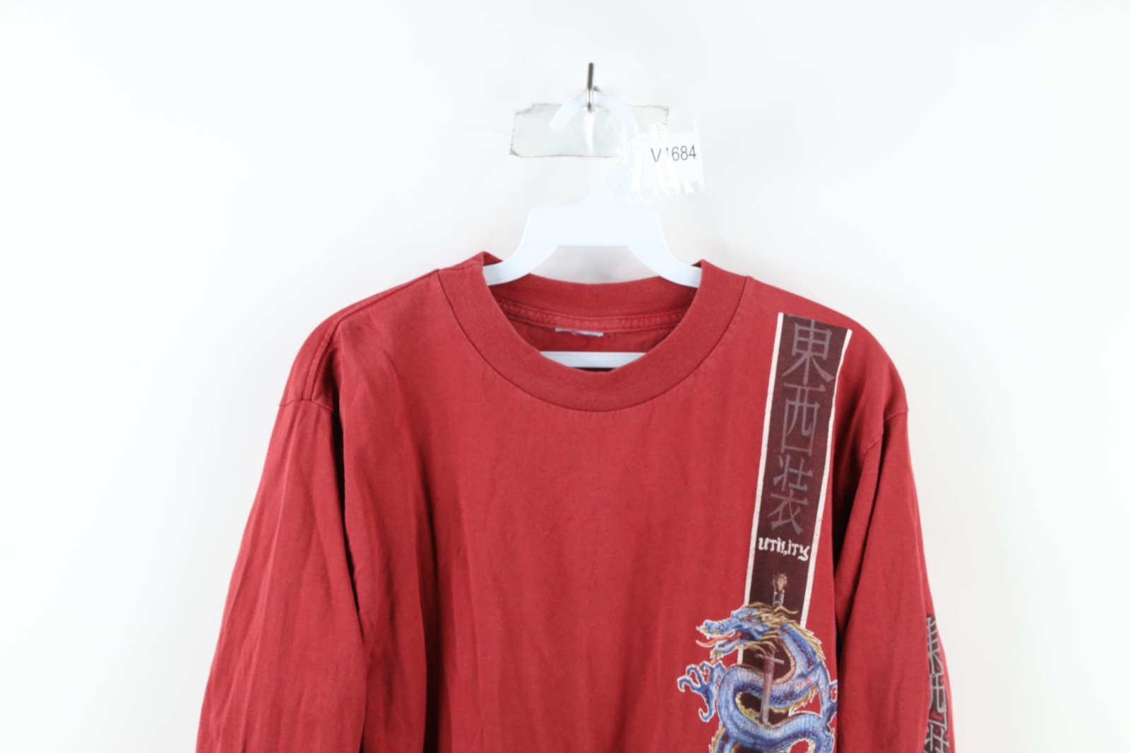 Vintage 90s Streetwear Mens Small Faded Chinese Dragon Long Sleeve T-Shirt Red