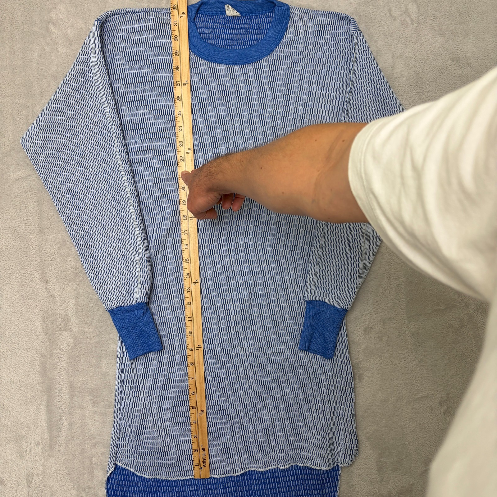 Hanes Vintage Thermal Top Blue/White Textured Weave Pattern XL 50/50 blend knit