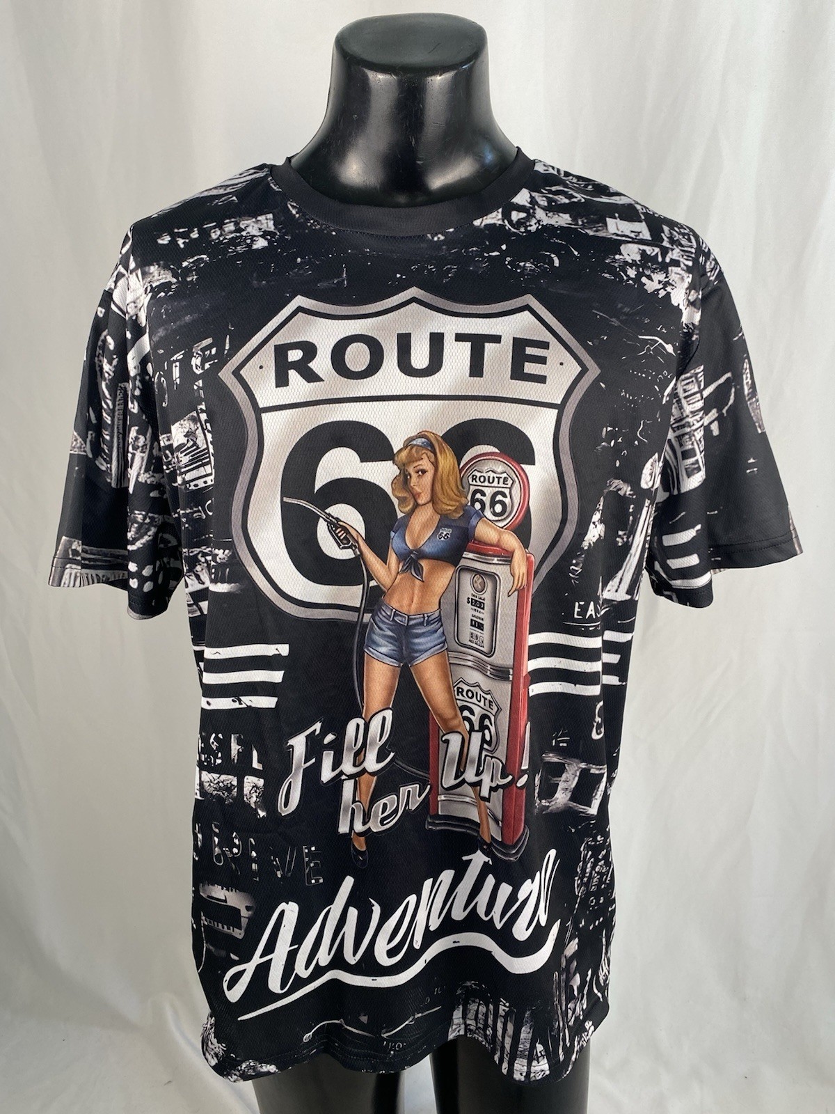 Route 66 Americana PinUp Girl Graphic Shirt Men’s XXL Polyester/Spandex Blend