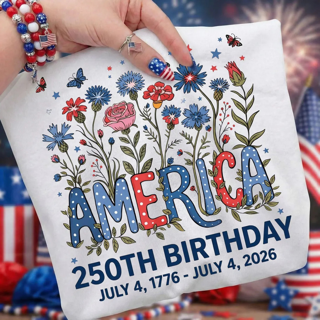 USA 250 Years PNG, America Floral Birthday Sublimation Design, 4th of