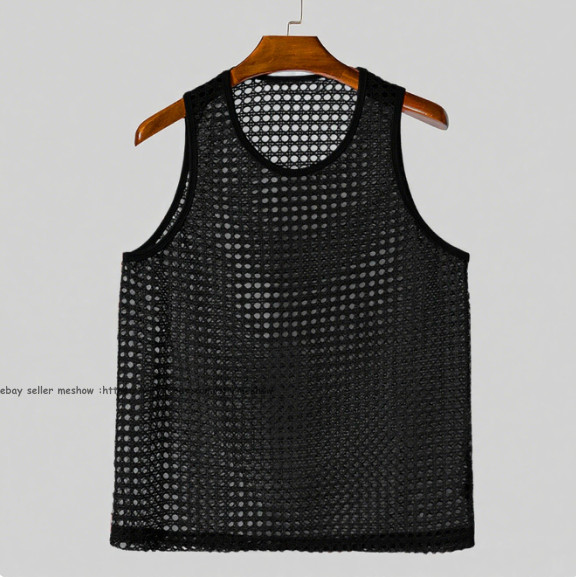 Mens Knitted Crochet Tank Tops Summer Hollow Sleeveless T-shirt Scoop Neck Shirt