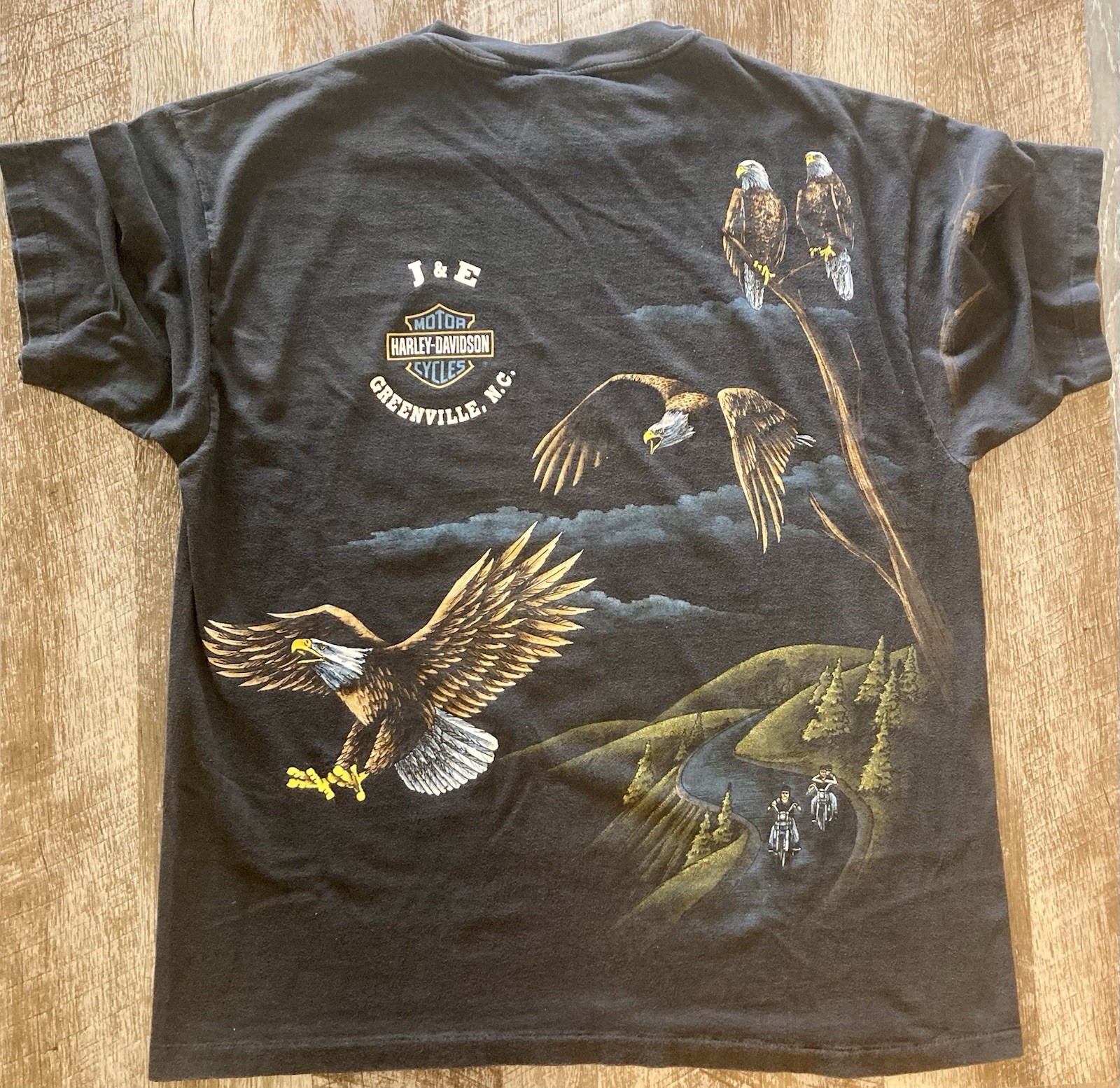 VTG 90s Harley Davidson Eagle AOP Shirt Rare Size XL Black Faded Single Stitch