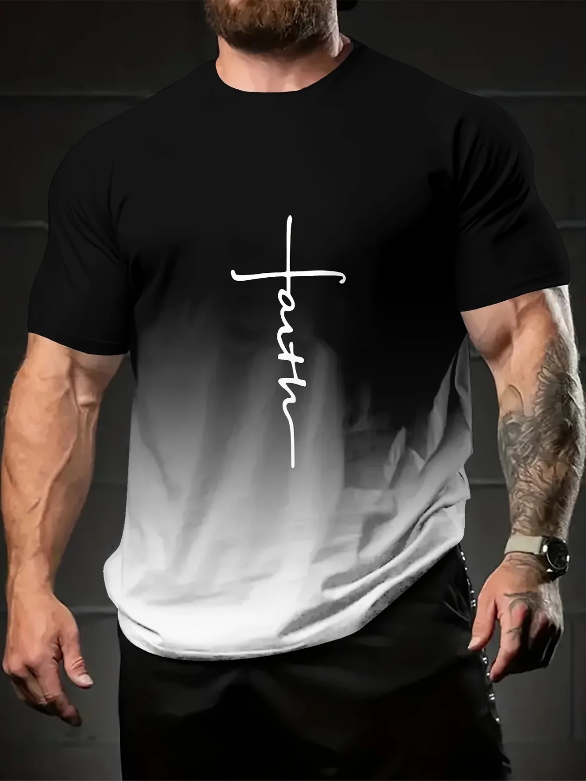 Men’s Christian Faith Cross Jesus T-Shirt Gradient Casual Short Sleeve Tee Top