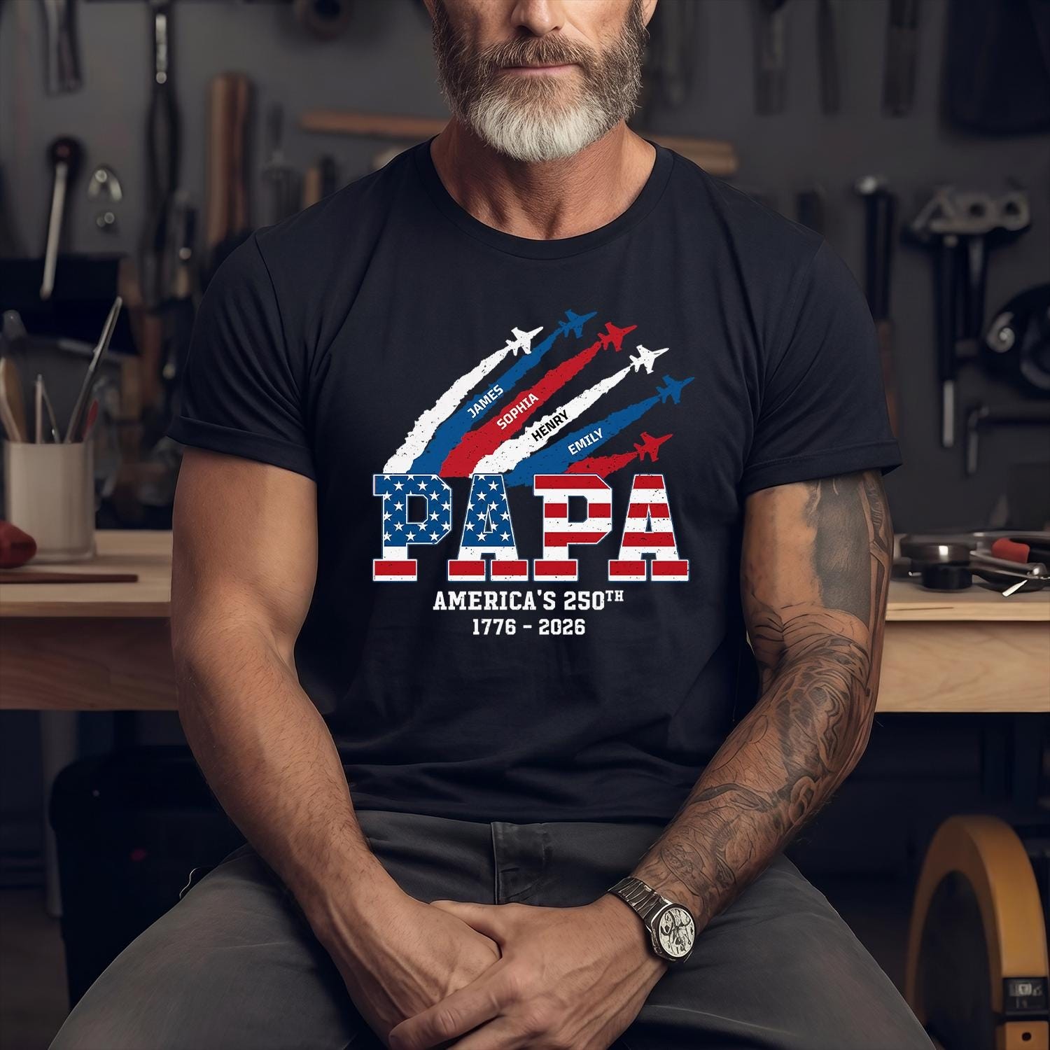 Personalized Proud Papa Grandpa American Flag Shirt with Kids Names