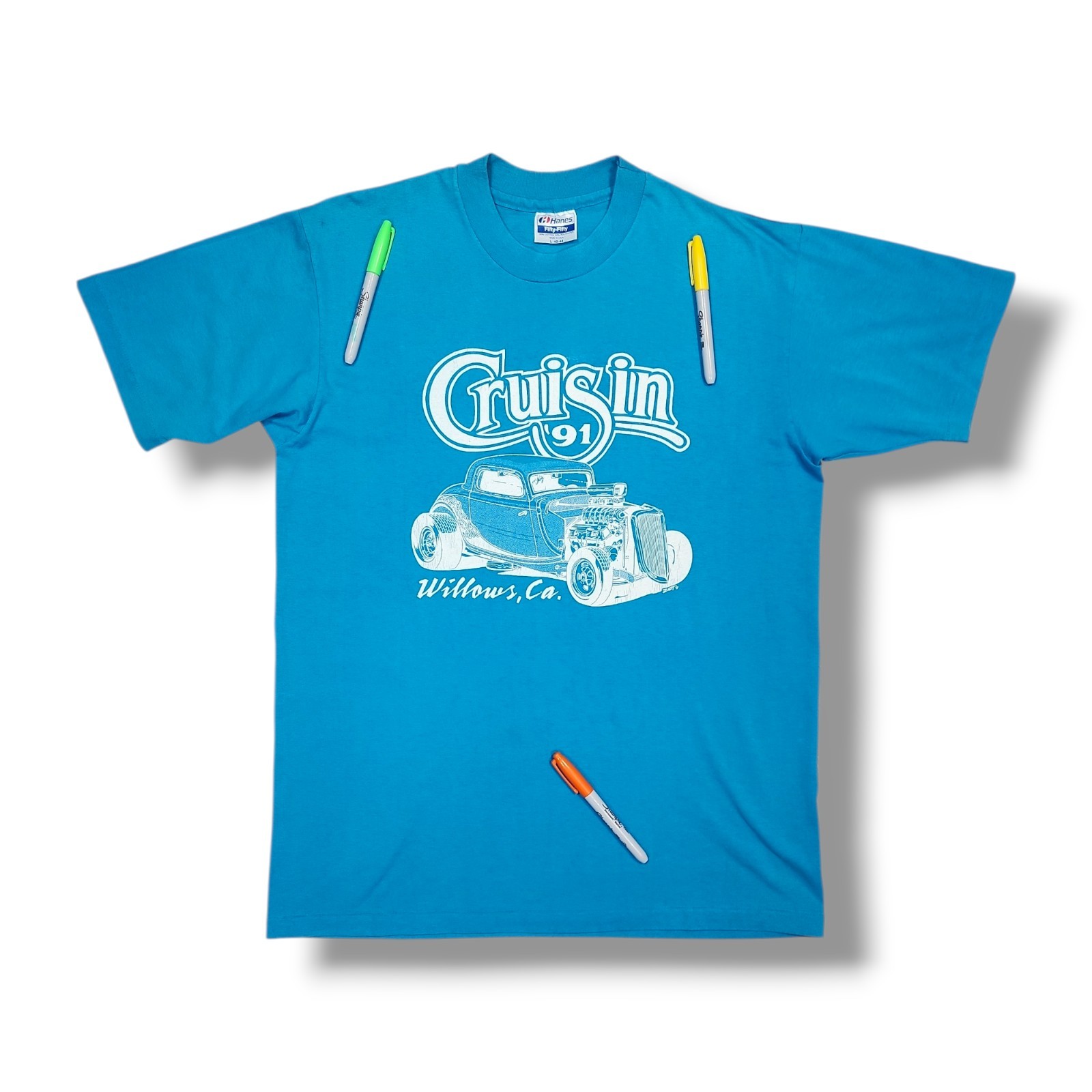 Vintage CRUISIN 1991 Willows, CA Street Rod Single Stitch Blue T-Shirt Men’s L