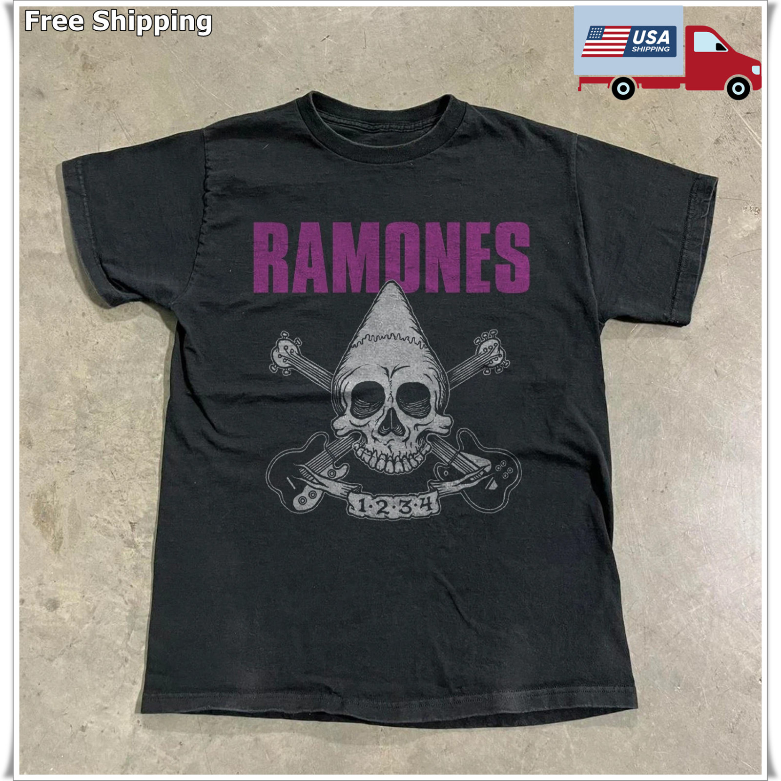 Rare Ramones 1-2-3-4 Skull Guitar T-shirt, Unisex Black T-shirt, Size S-5XL