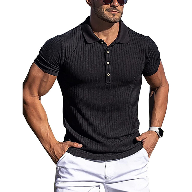 Men Ribbed Muscle Stretch Slim Fit Short Sleeve T-Shirt Summer Collar Casual Top