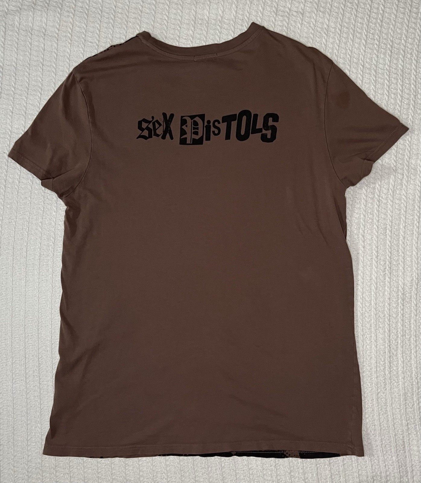 H&M Sex Pistols Anarchy in the UK Shirt LG 21” X 29” Brown Distressed