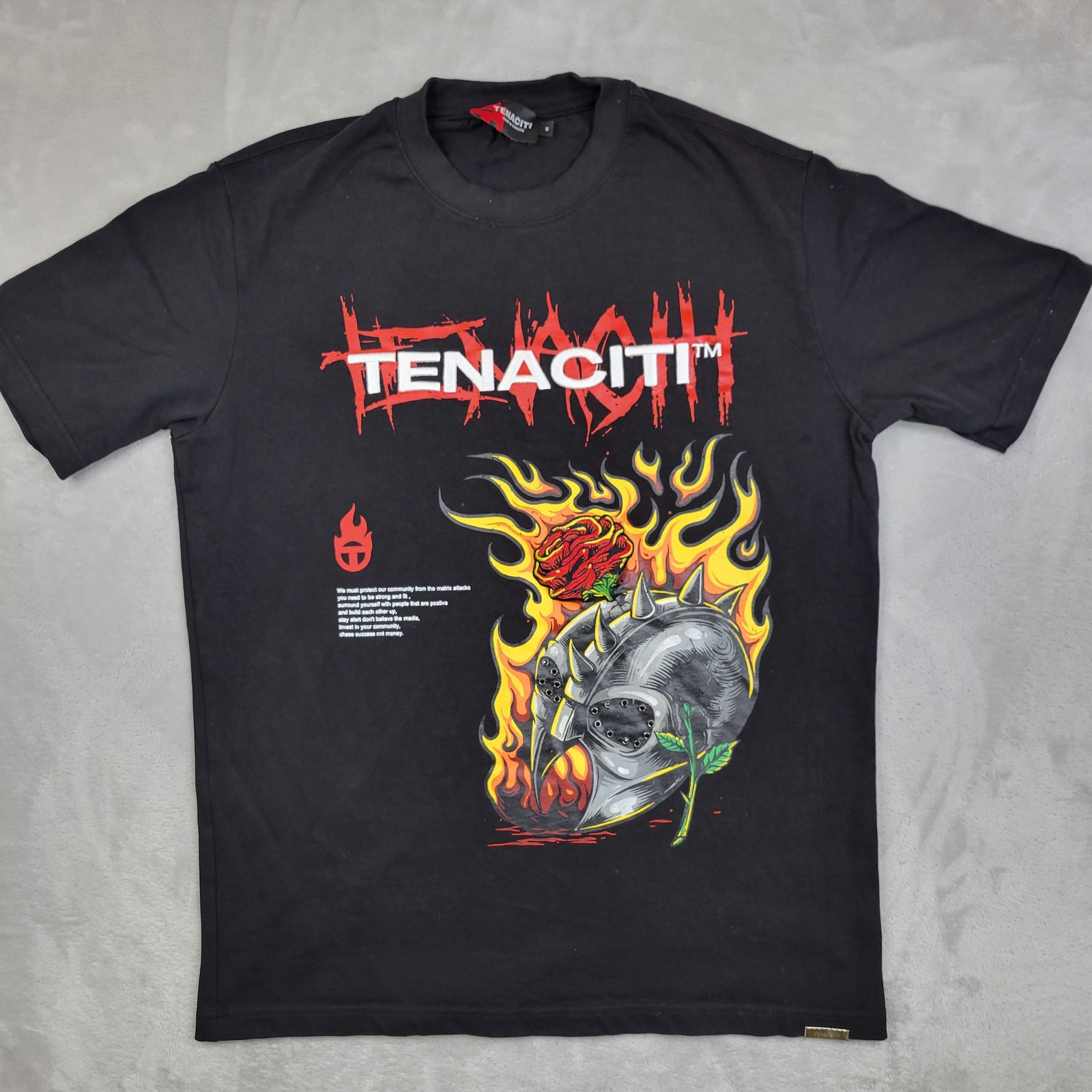 Tenaciti Shirt Mens Medium Black Graphic Flame Rose Spiked Helmet Streetwear Tee