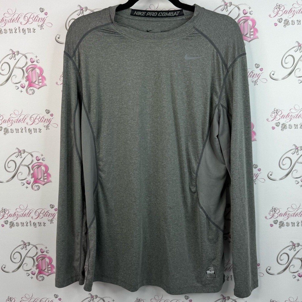 Nike long sleeve shirt dri fit grey silver Pro Combat Men’s Long Sleeve Gray Tee