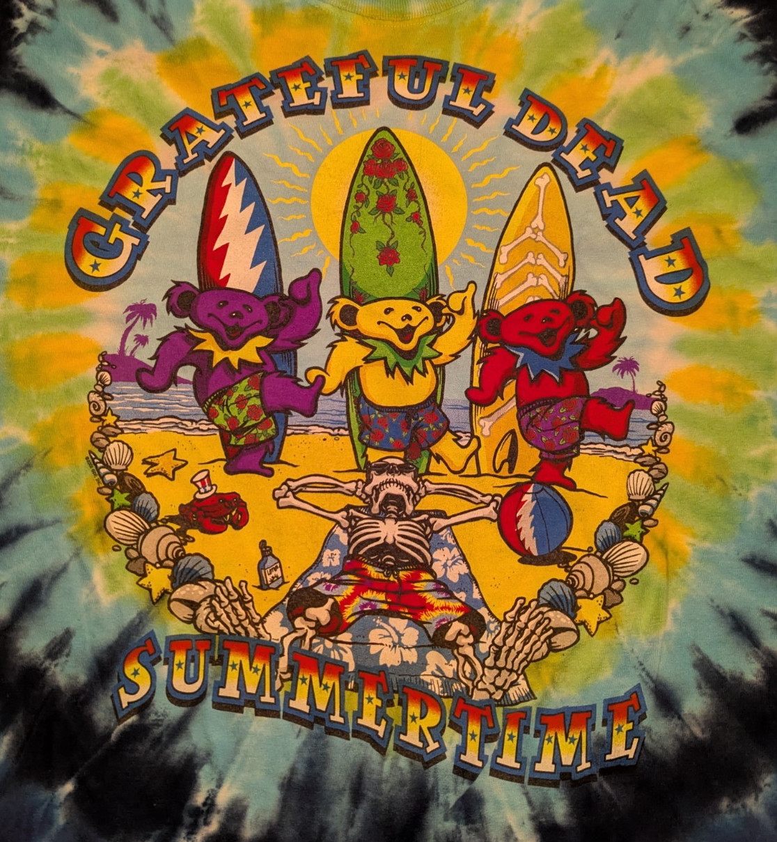 Grateful Dead Summertime Dancing Bears Shirt Tie-Dye Liquid Blue Large