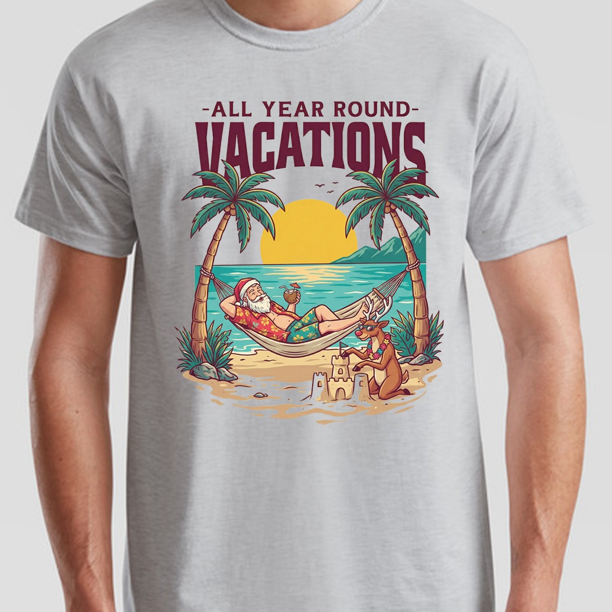 All Year Round Vacations Christmas Santa Reindeer Beach Graphic Unisex Tee