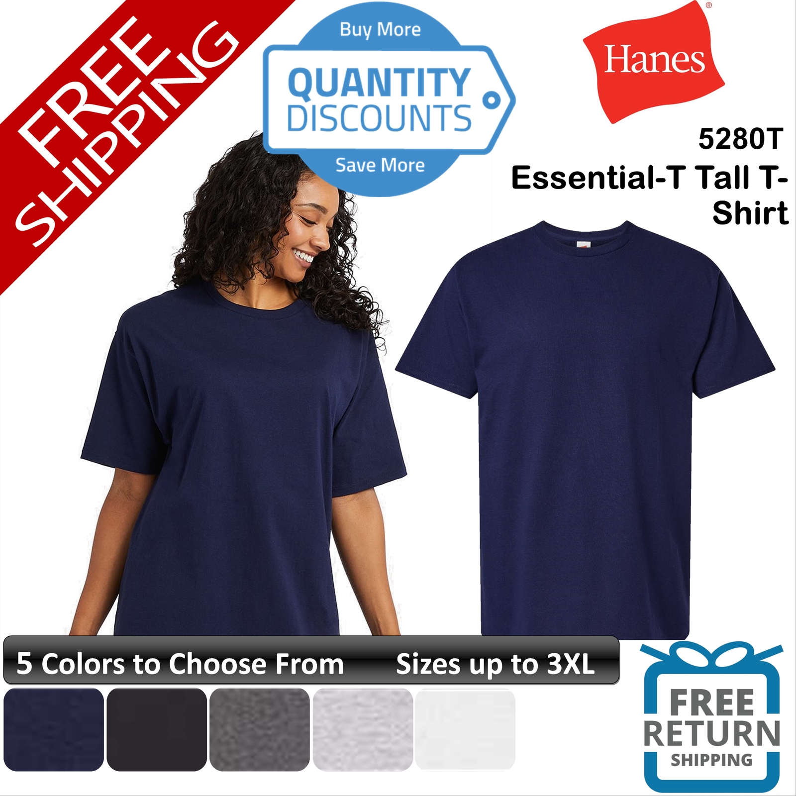 Hanes Men Essential-t Tall Short Sleeve Cotton & Blends T-shirt Up To 3XL 5280t