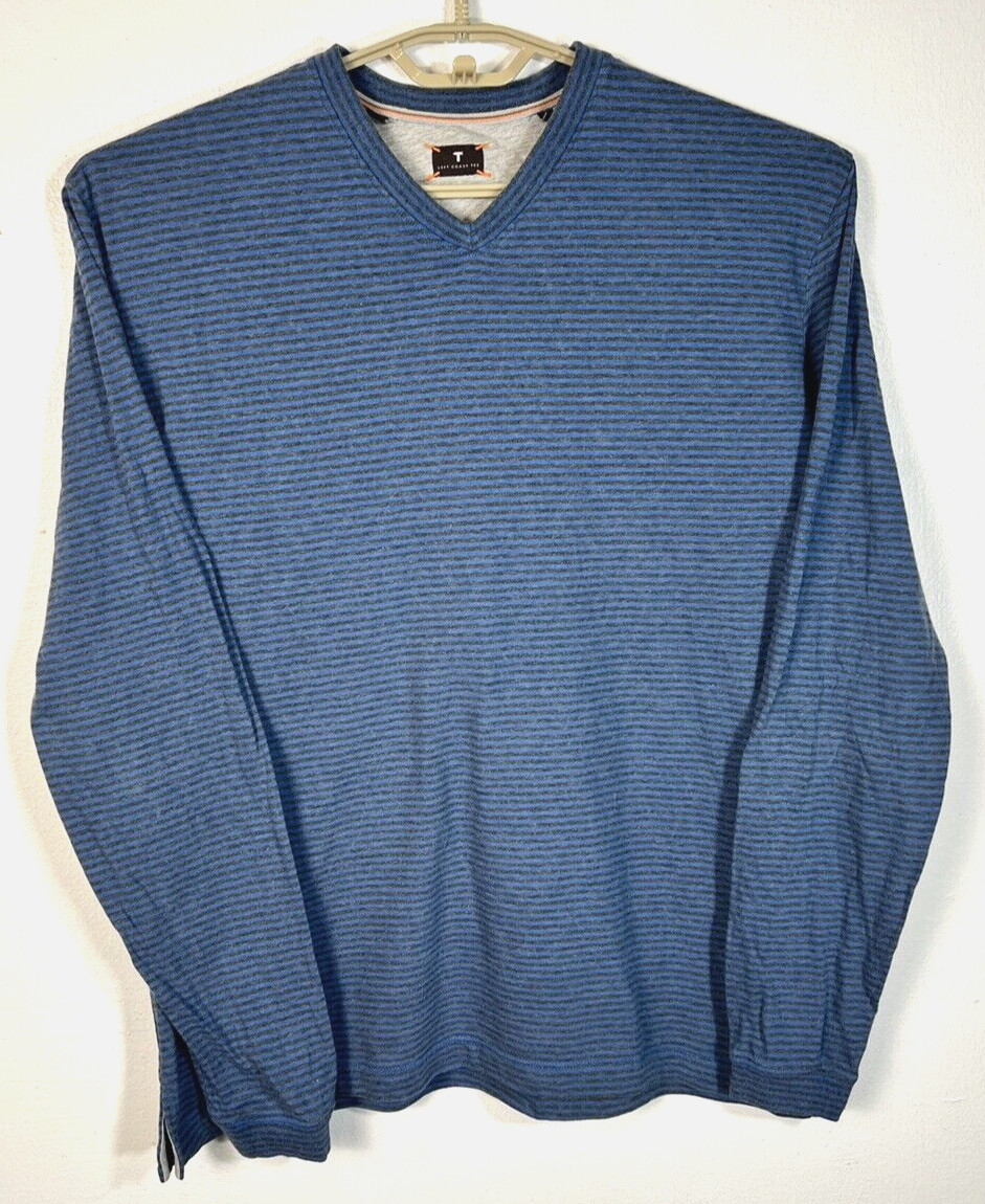 Left Coast Tee Men’s Medium Blue Striped Cotton Long Sleeve V Neck