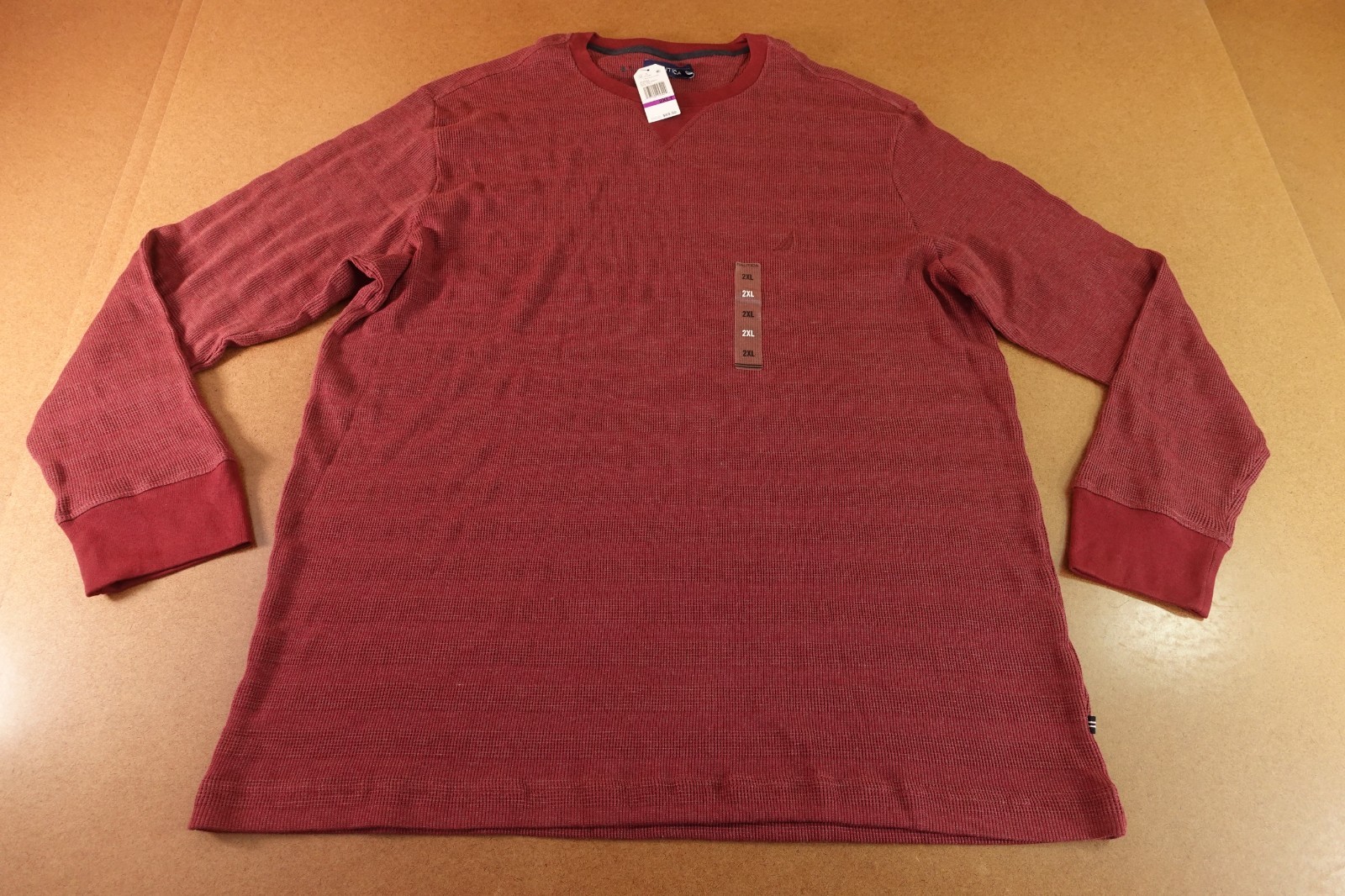 Nautica Mens Size 2XLT Wine Red Waffle Knit Long Sleeve Crew Neck T-Shirt NWT