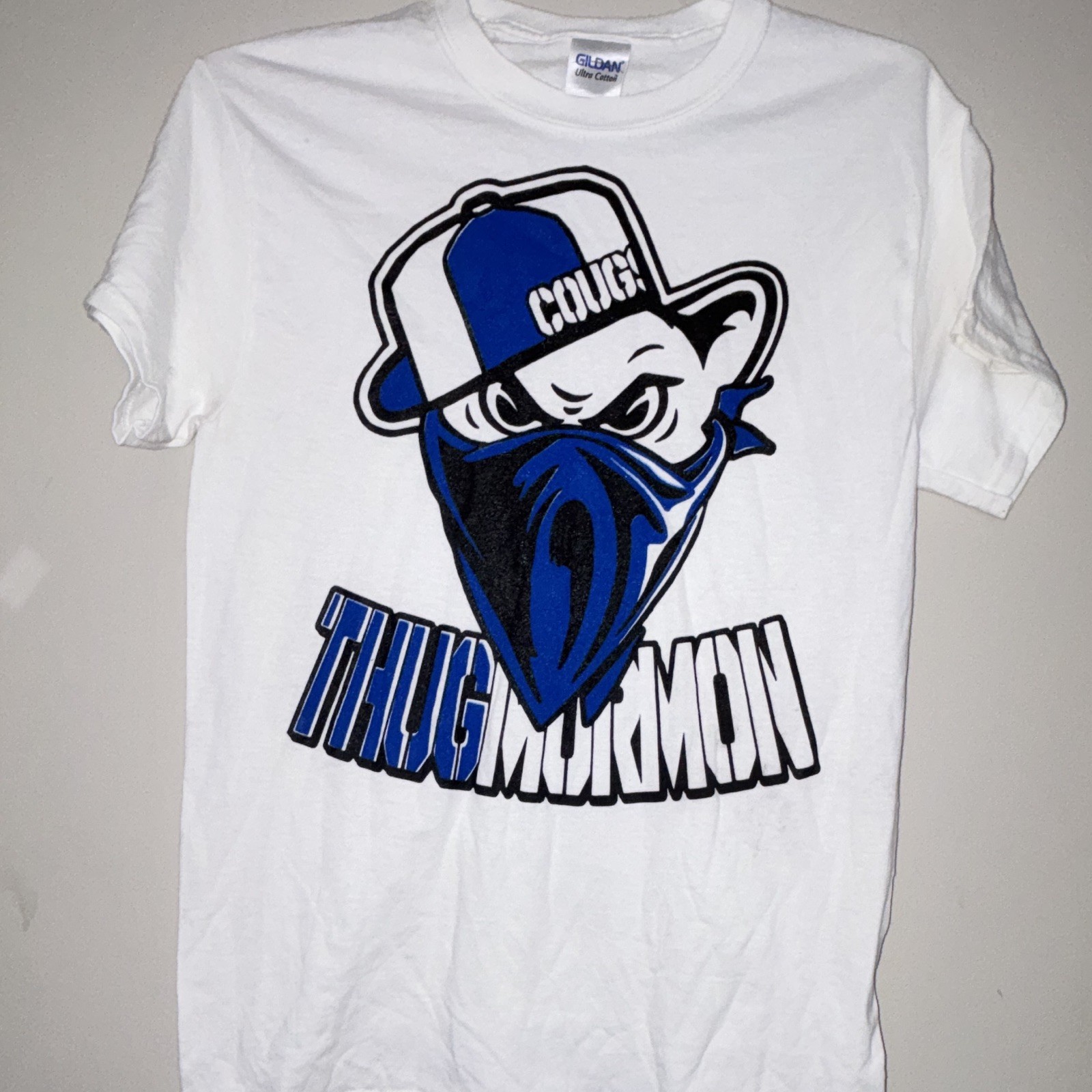 Gildan Ultra Cotton Men’s S White Cotton Thug Mormon Graphic Crew Neck Tee