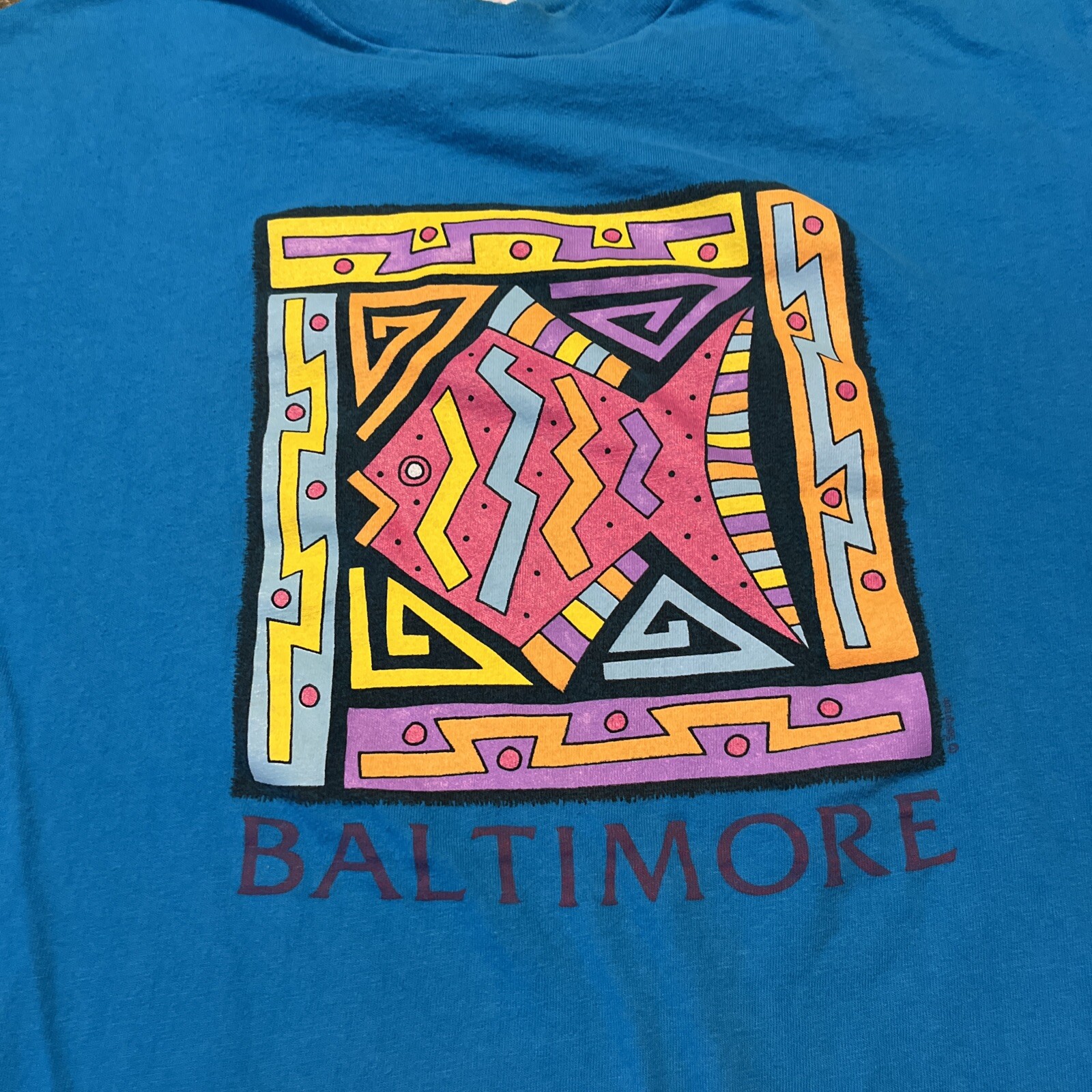Men’s Large Baltimore City Graphic Fish Aquarium T Shirt Blue Vintage 90’s