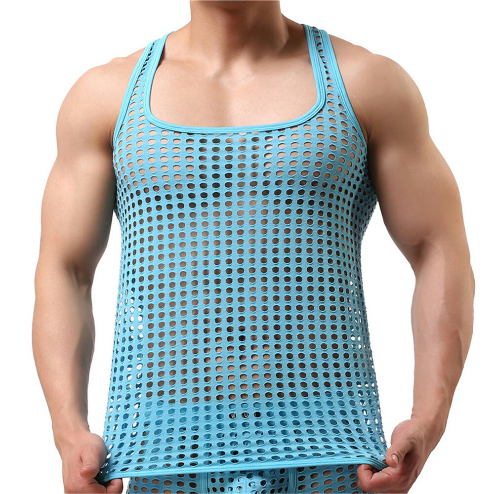 Mens Mesh Fishnet Sleeveless T Shirts Tank Tops Sexy Muscle Bodybuilding Vests